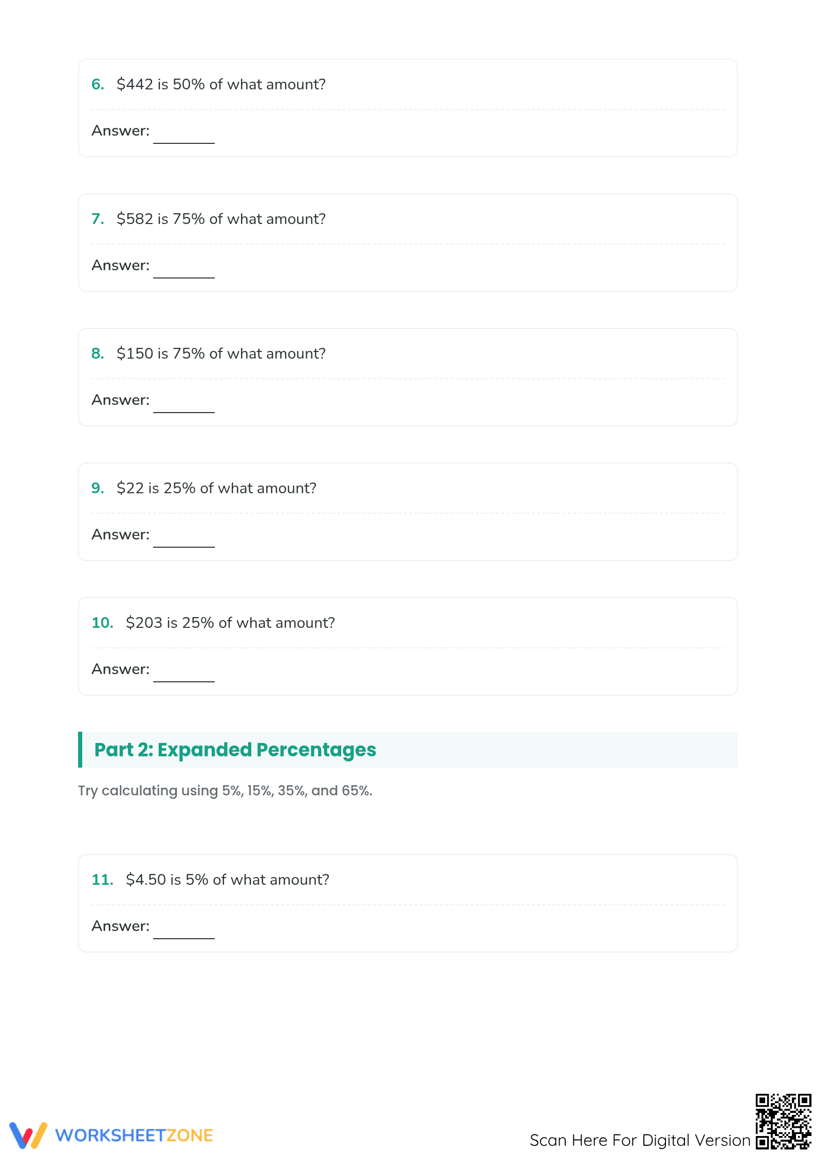 Printable Percent Calculations: Find the Original Amount - Page 2