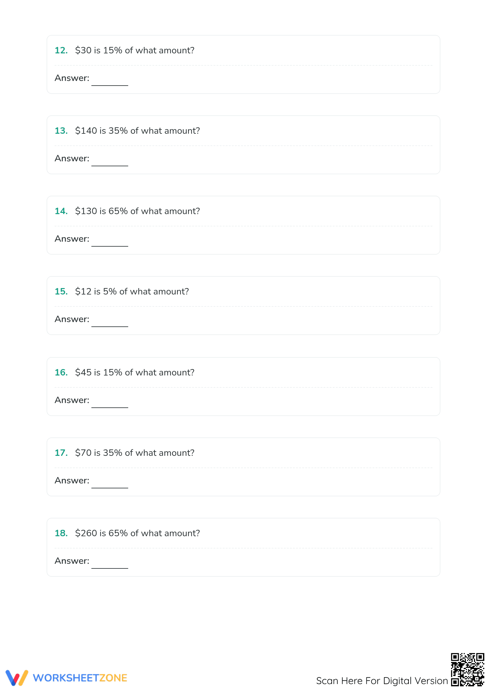 Printable Percent Calculations: Find the Original Amount - Page 3