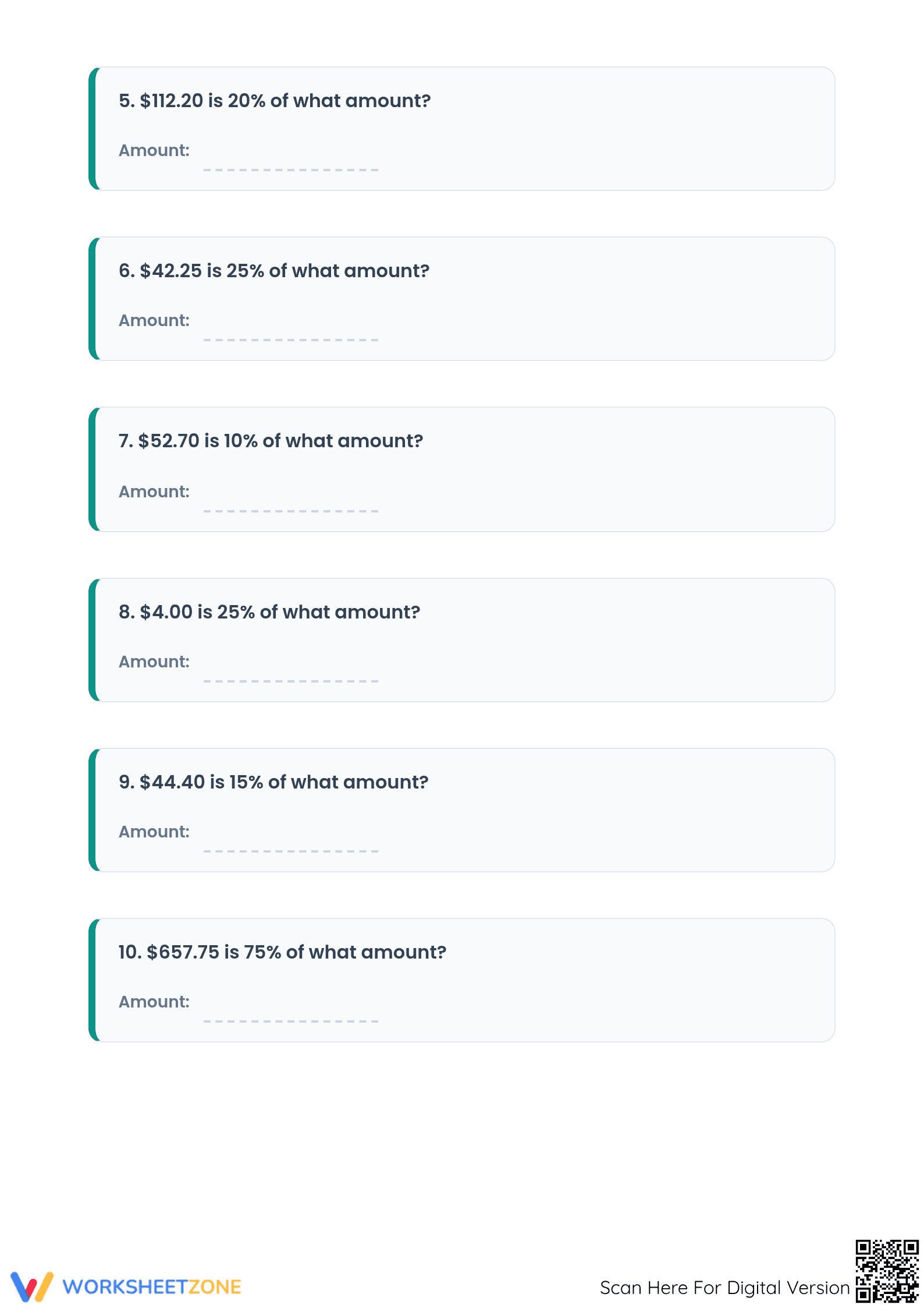 Printable Percent Worksheet: Calculate Original Amount - Page 2