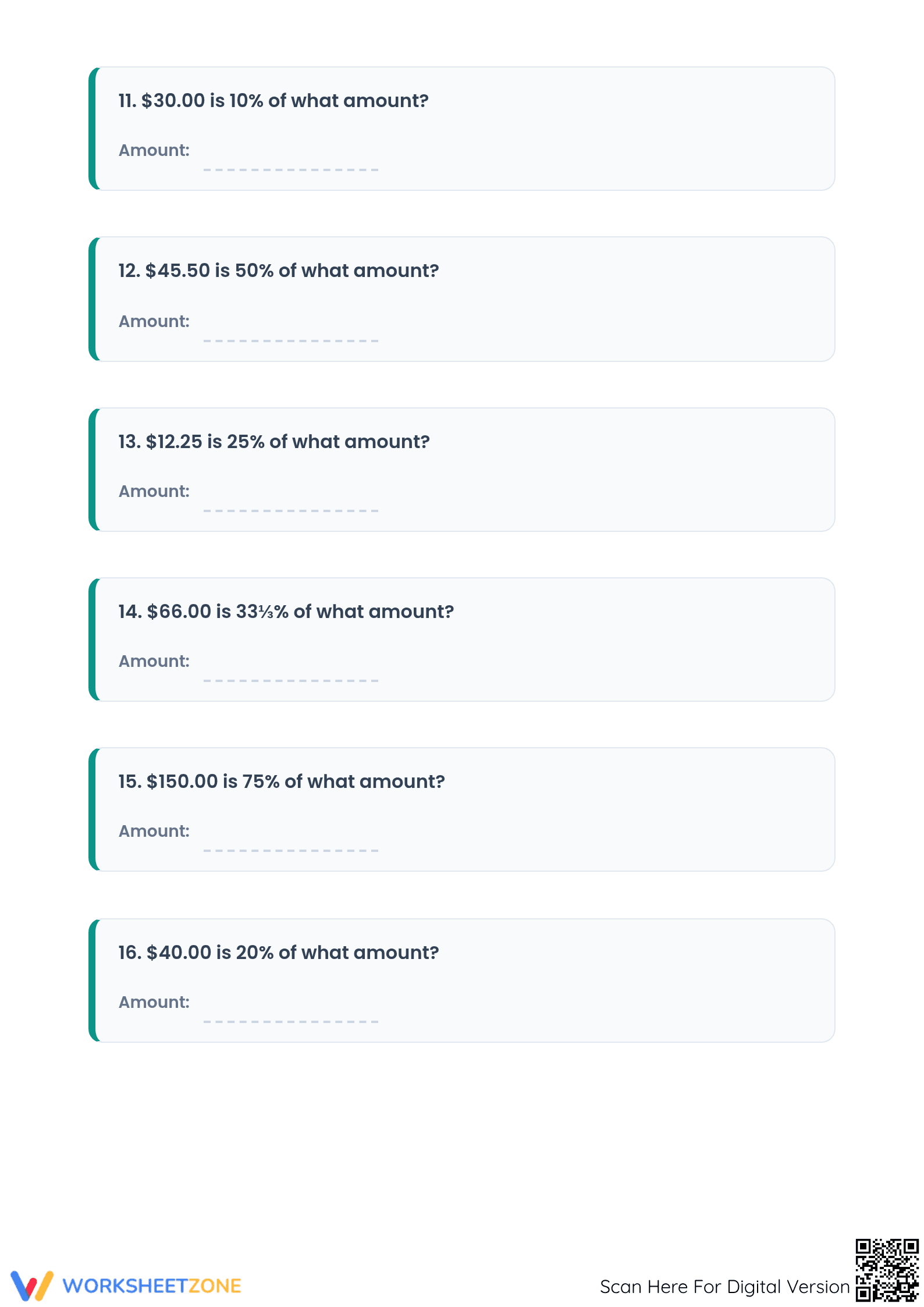 Printable Percent Worksheet: Calculate Original Amount - Page 3