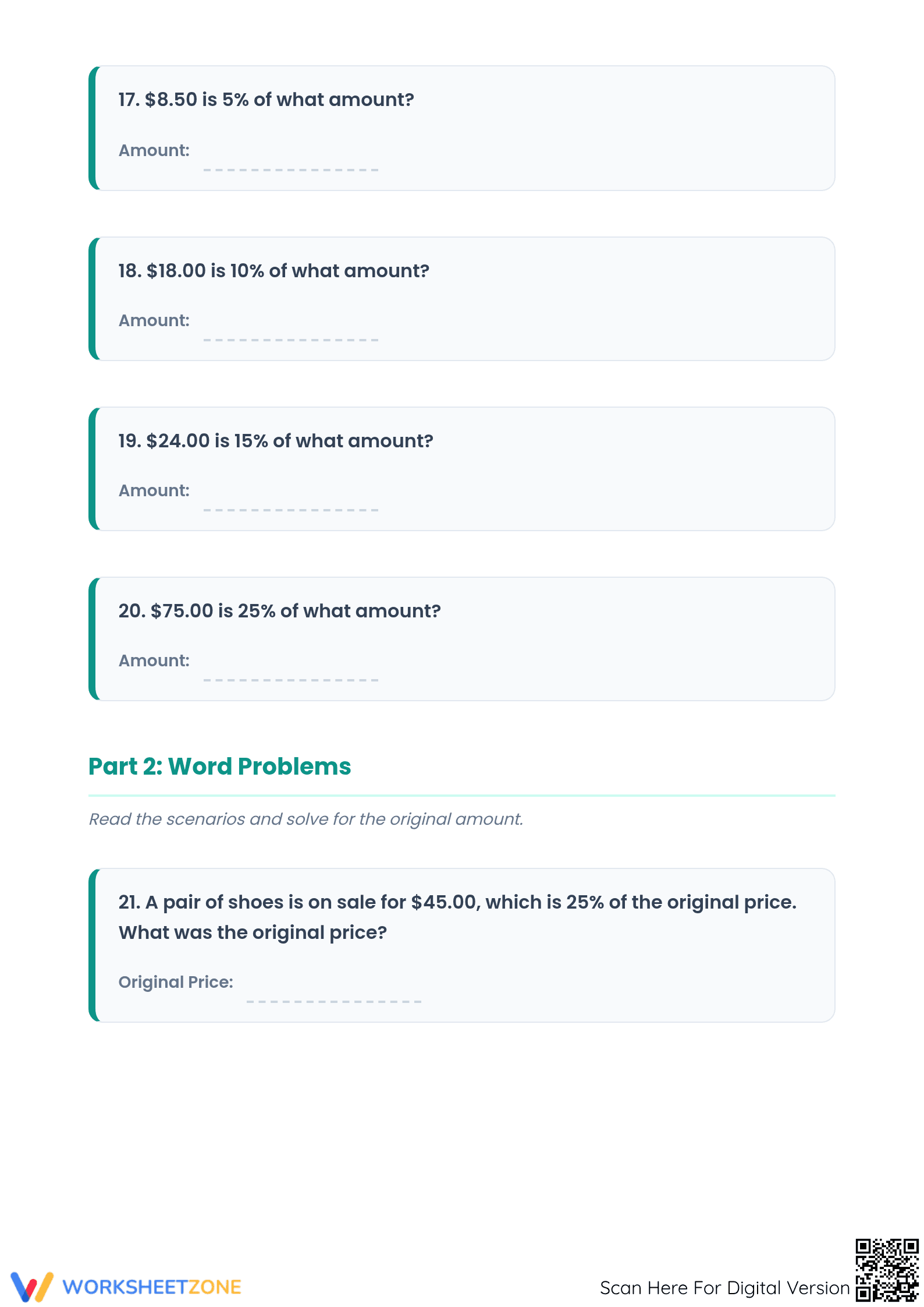 Printable Percent Worksheet: Calculate Original Amount - Page 4
