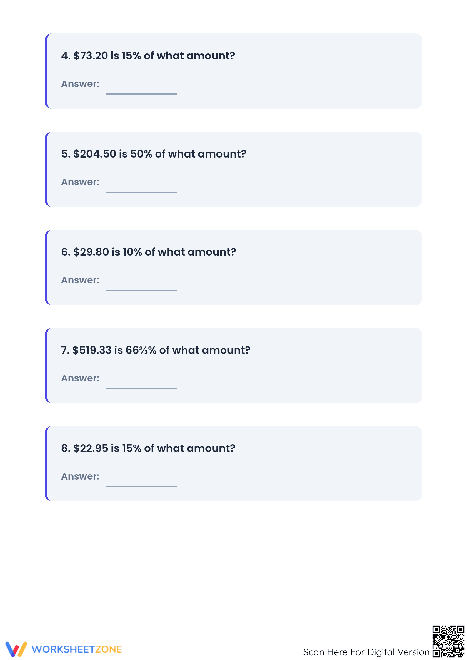 Printable Worksheet: Calculate Original Amount (Grades 6-8) - Page 2