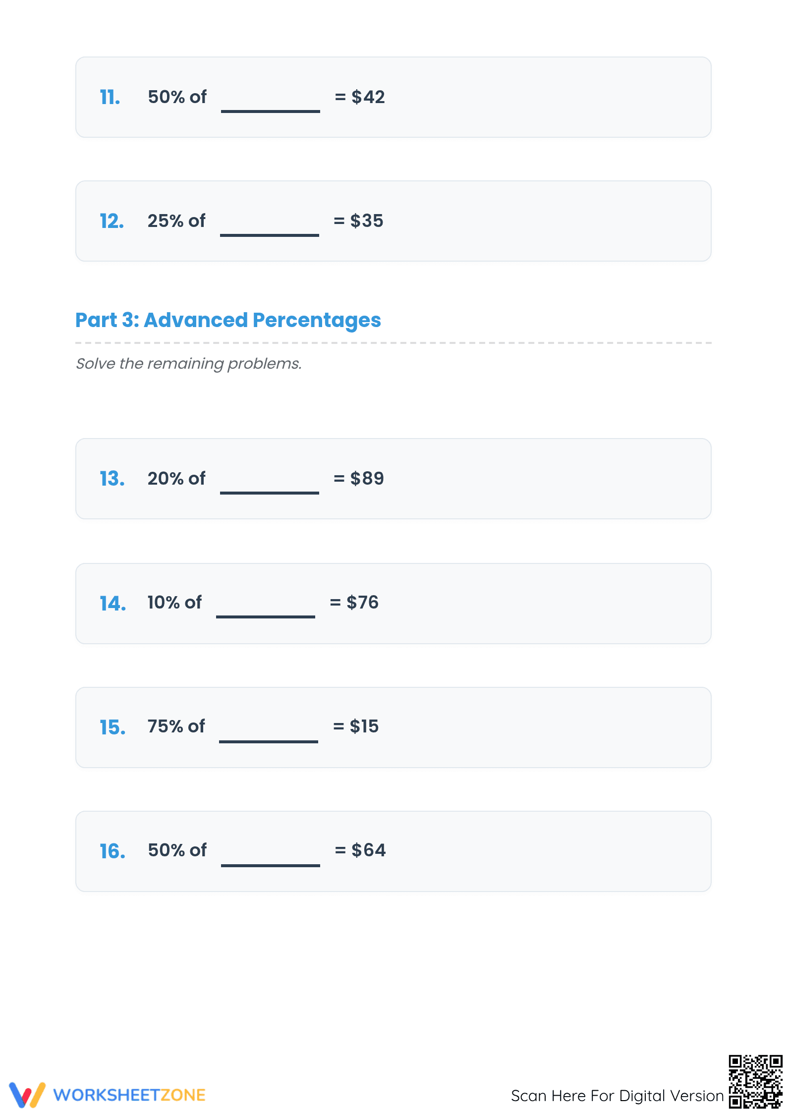 Printable Worksheet: Calculate Original Amount (Grade 6-8 Math) - Page 3