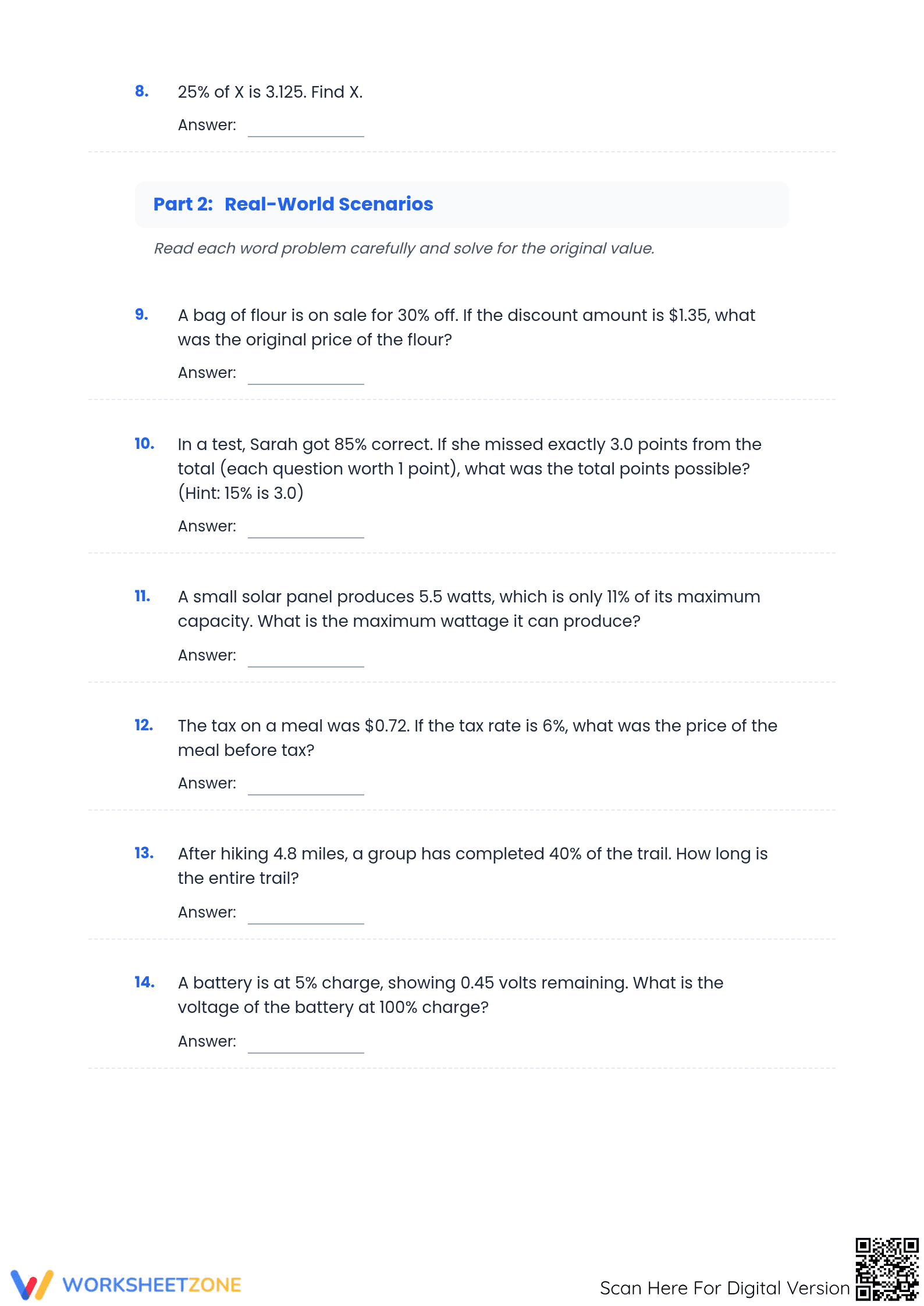 Grade 6-8 Calculate Original Amount — Printable Worksheet - Page 2