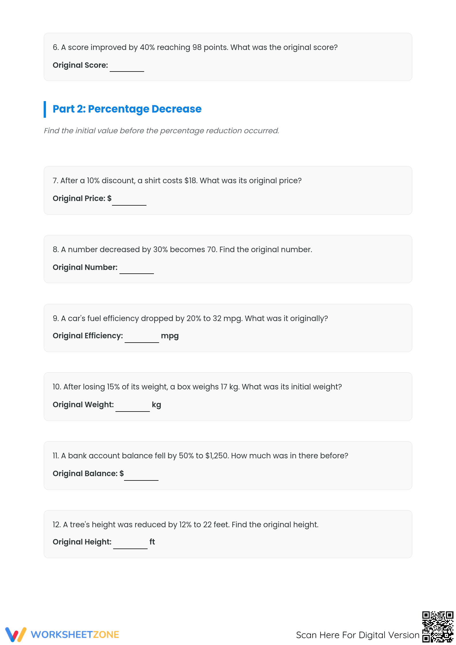 Printable Reverse Percentage Worksheet | Grade 7 Math - Page 2