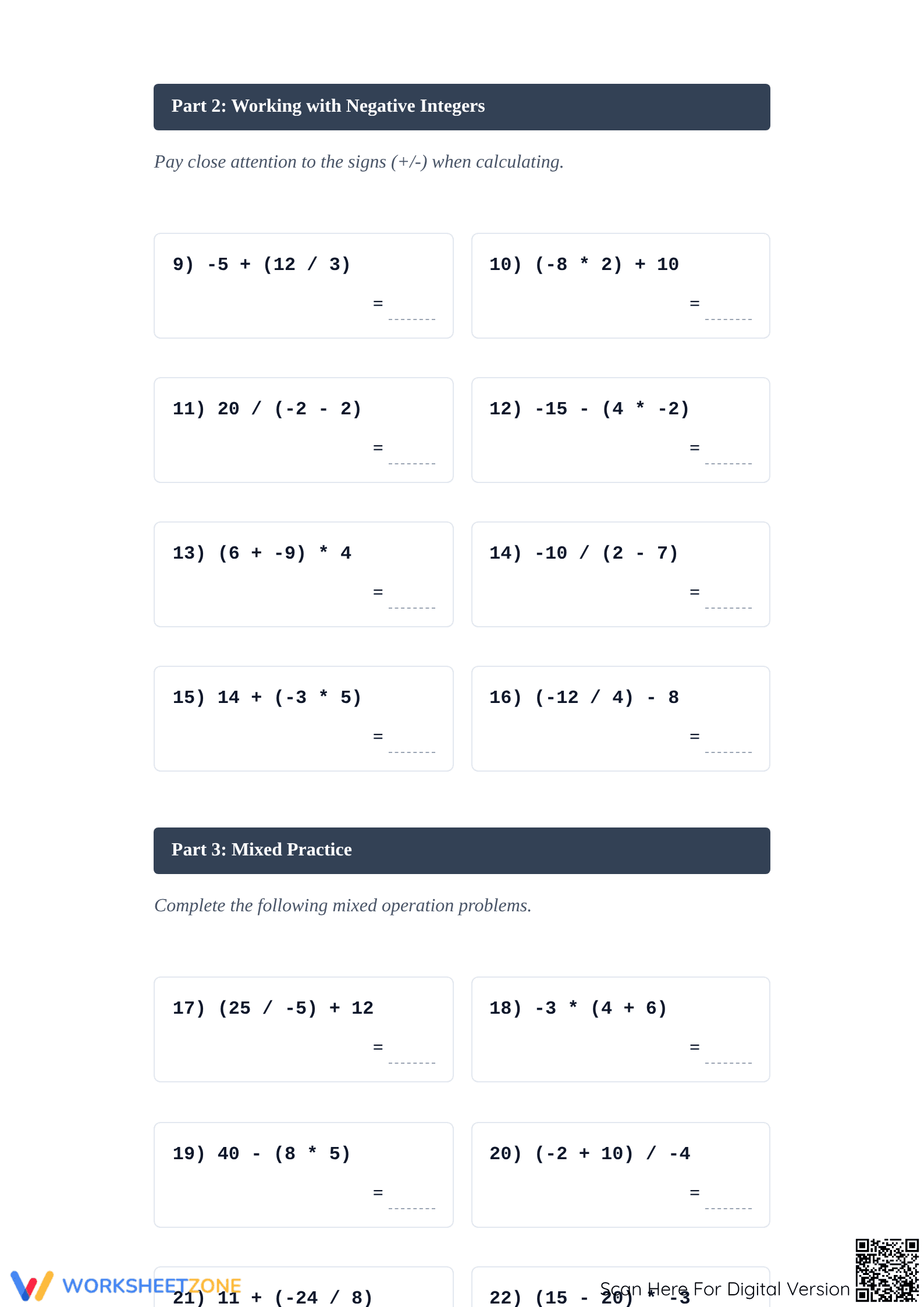 Printable 2-Step Order of Operations with Integers Worksheet - Page 2