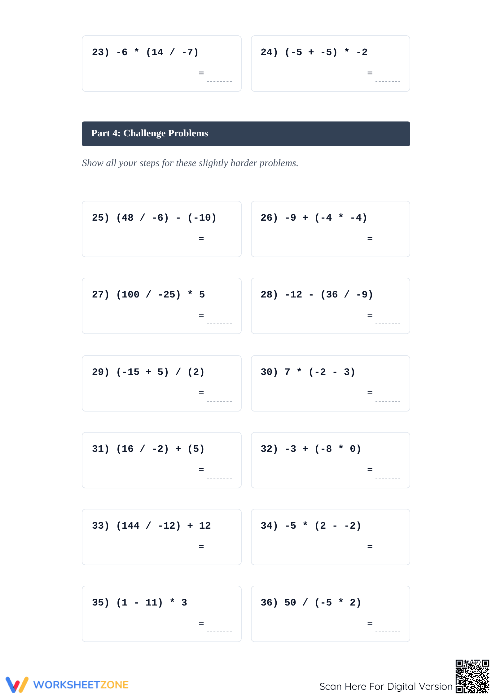Printable 2-Step Order of Operations with Integers Worksheet - Page 3