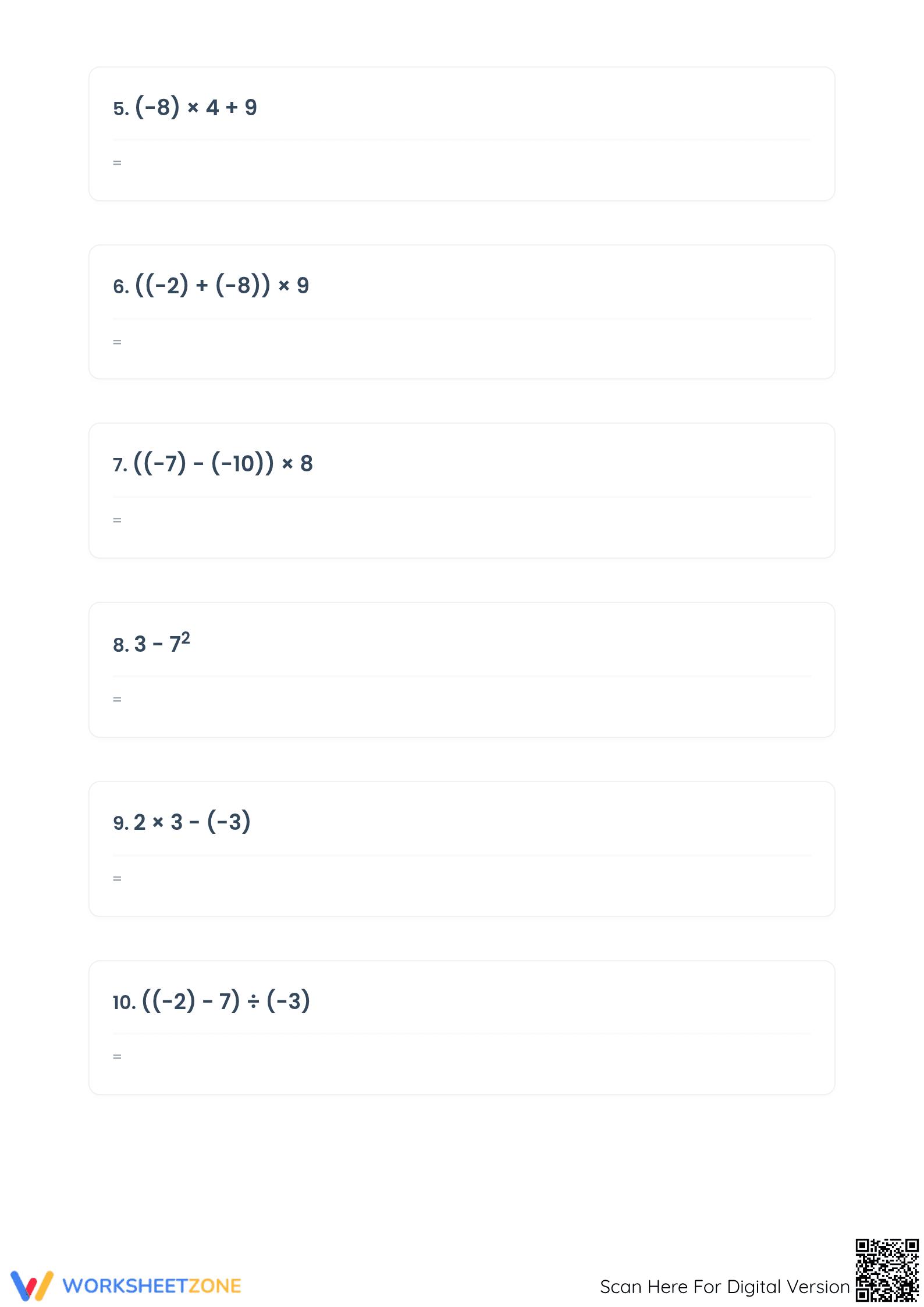 Essential Grade 7 Order of Operations & Integers Worksheet - Page 2