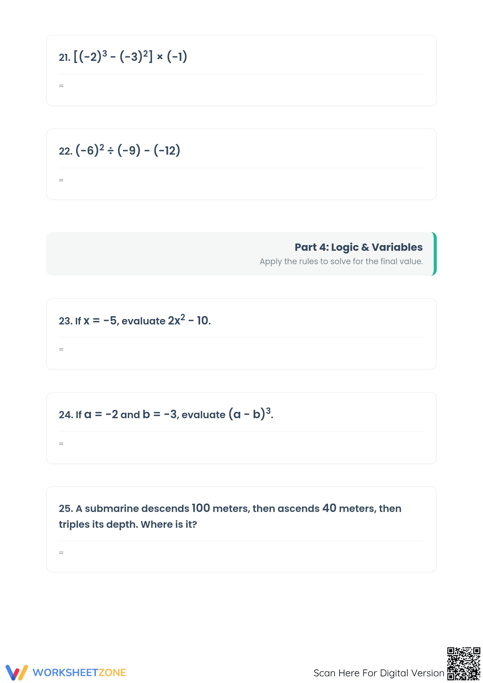 Essential Grade 7 Order of Operations & Integers Worksheet - Page 5
