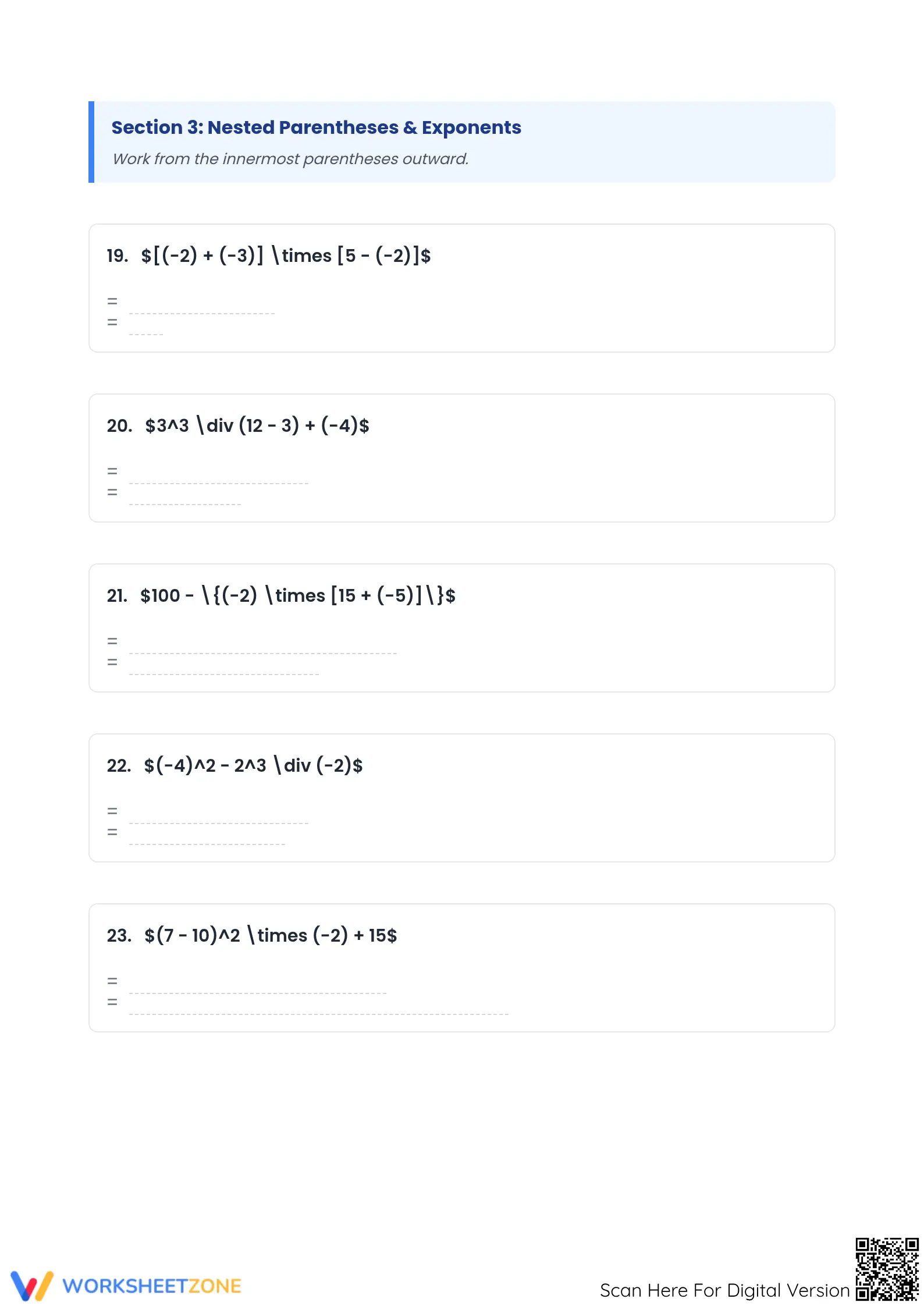 Essential Integer Order of Operations Worksheet | Grade 7 - Page 5