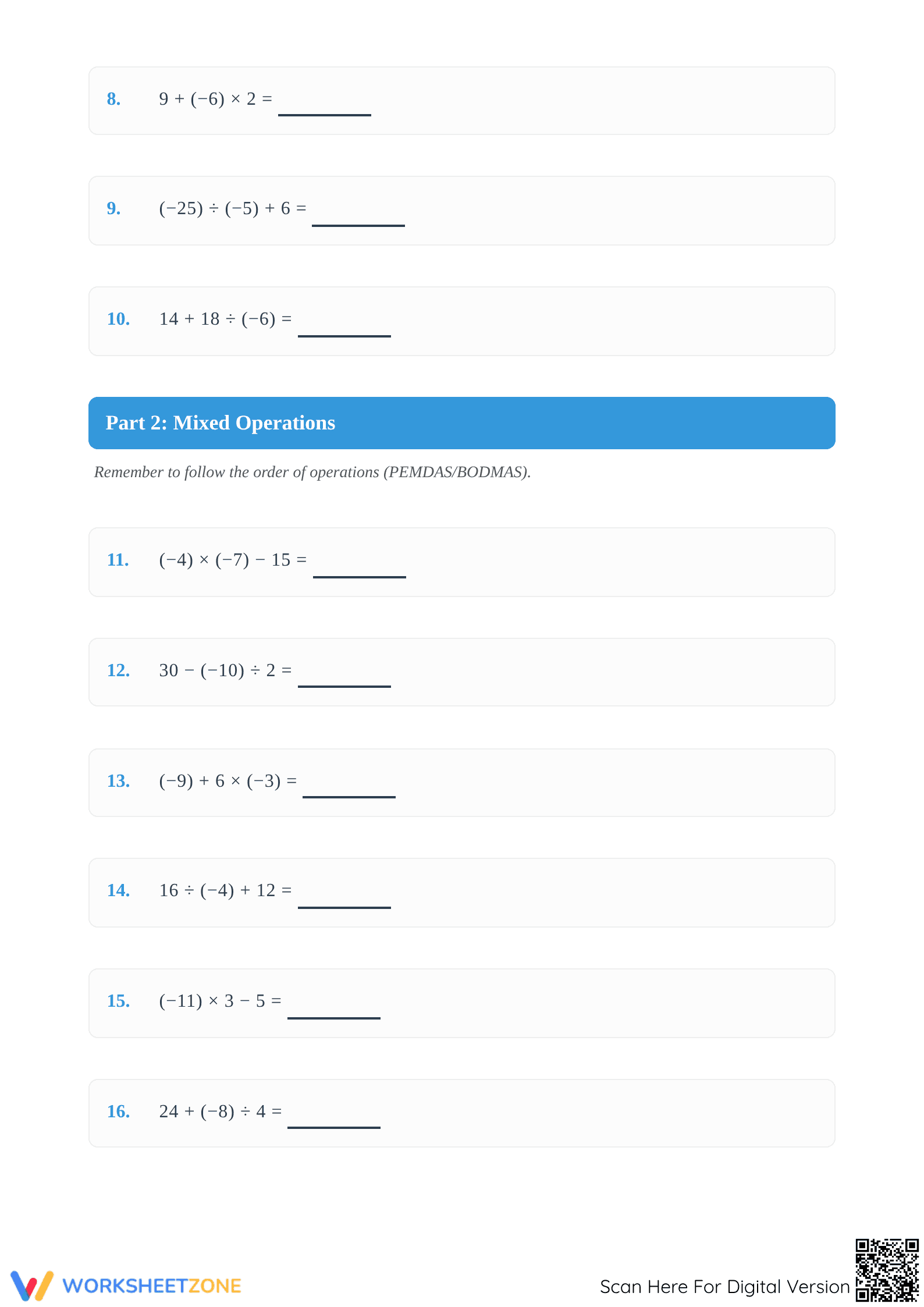 Essential Integer Order of Operations Worksheet | Grade 7 - Page 2