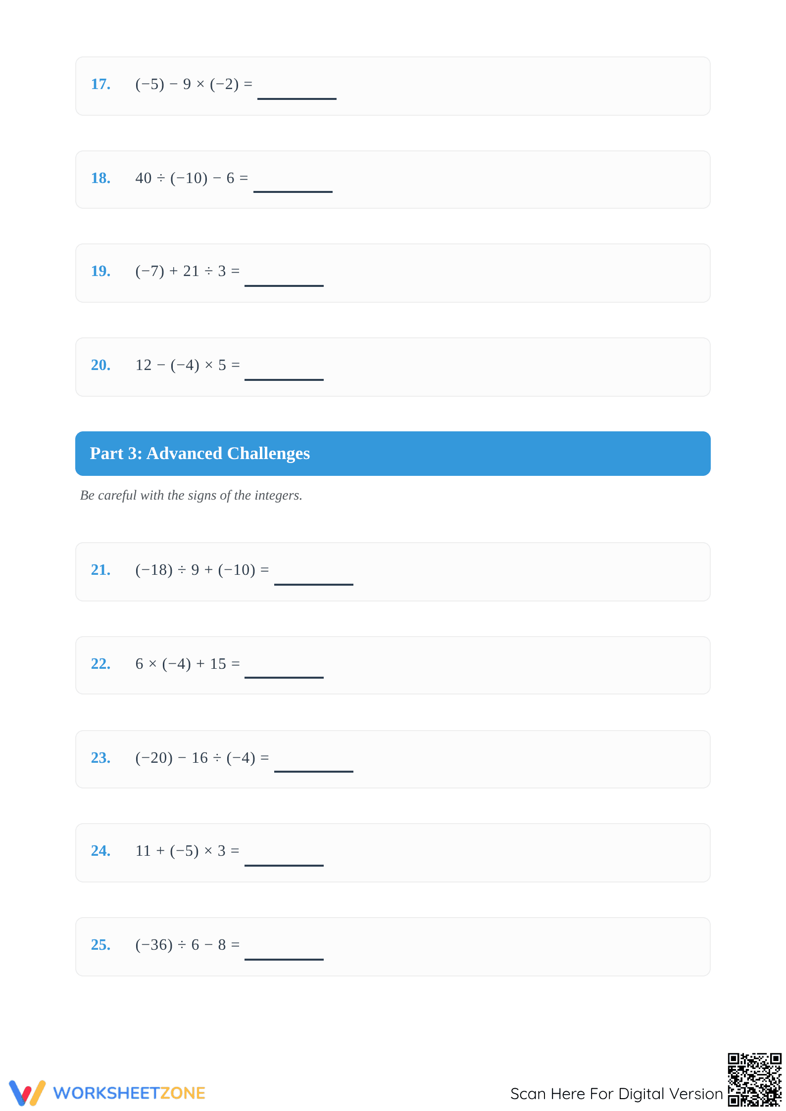 Essential Integer Order of Operations Worksheet | Grade 7 - Page 3
