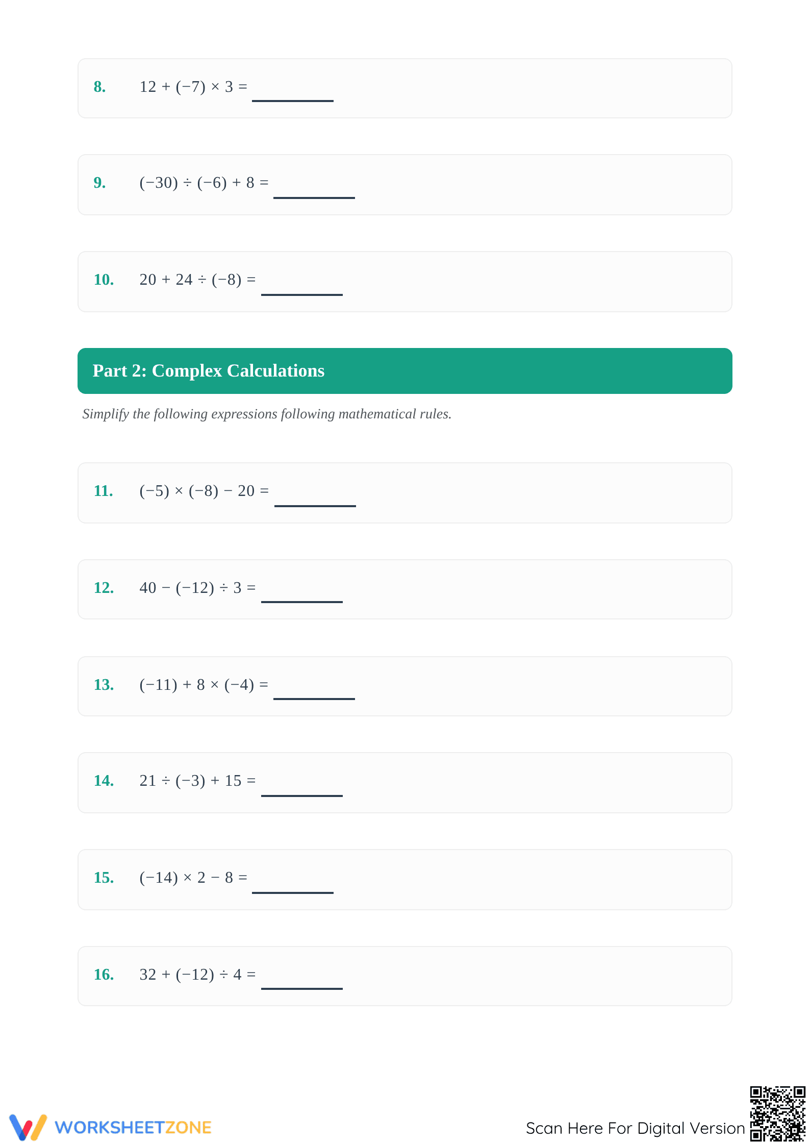 Printable 2-Step Order of Operations with Integers Worksheet - Page 2