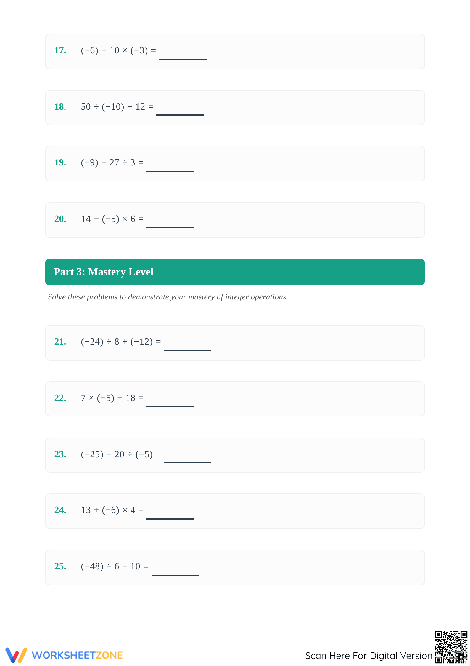 Printable 2-Step Order of Operations with Integers Worksheet - Page 3