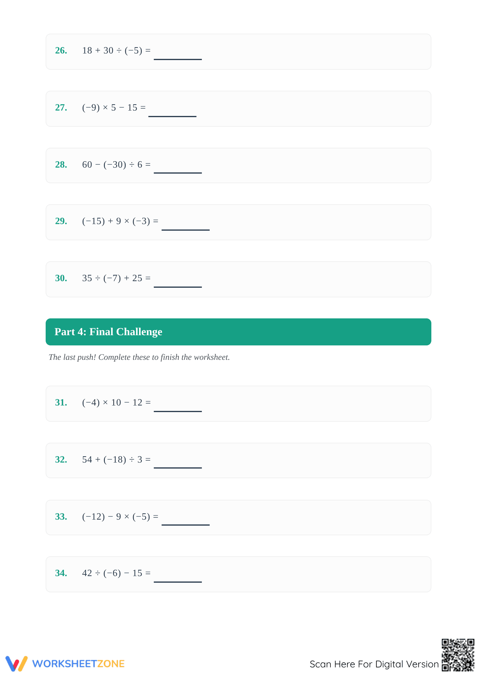 Printable 2-Step Order of Operations with Integers Worksheet - Page 4