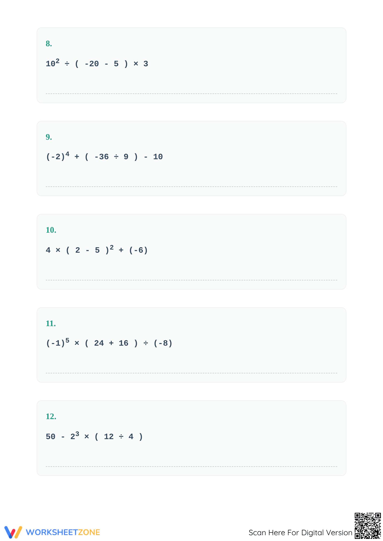 Printable Integer Order of Operations Worksheet | Grades 6-8 - Page 3