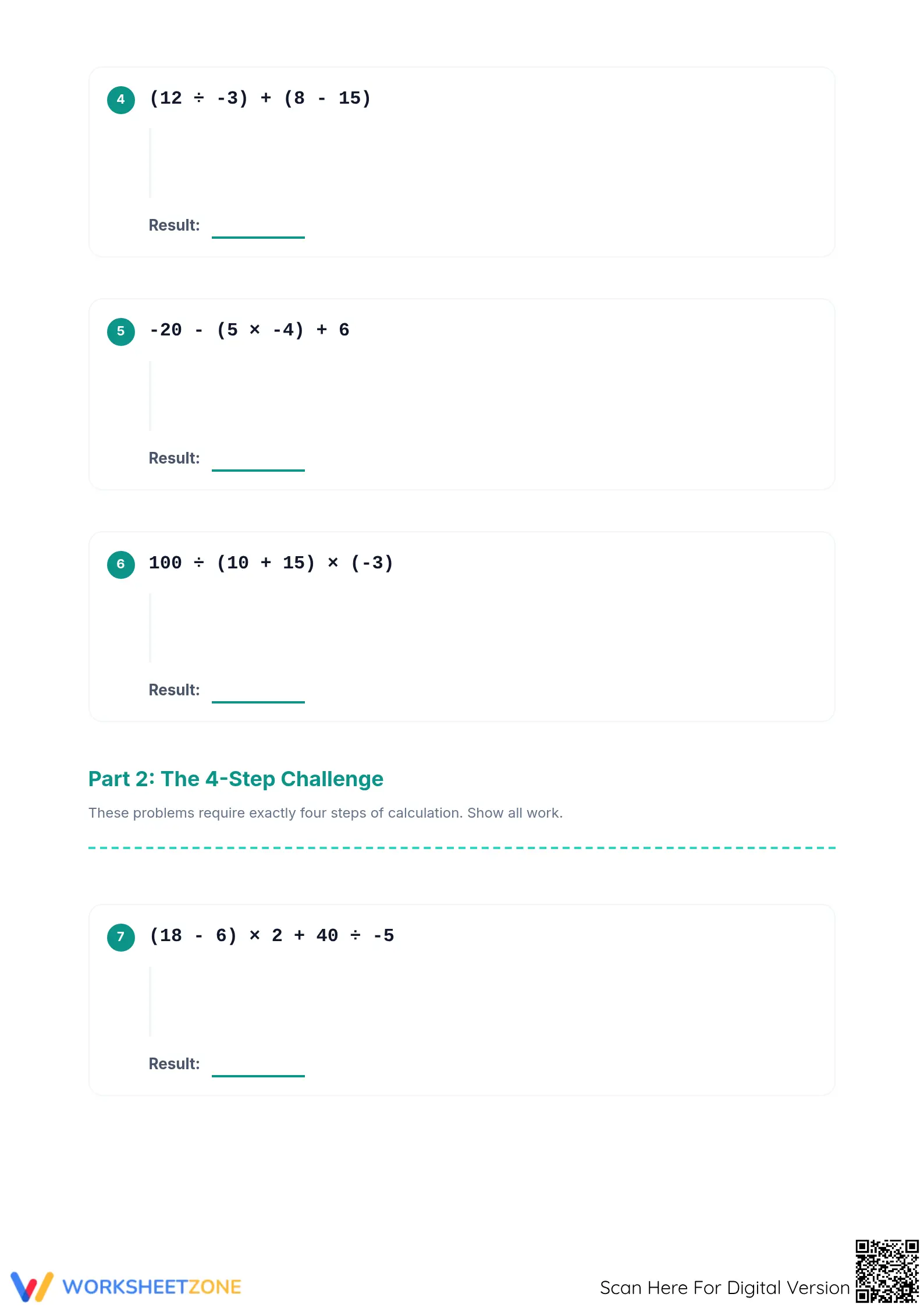Printable 4-Step Order of Operations Integers Mastery - Page 2