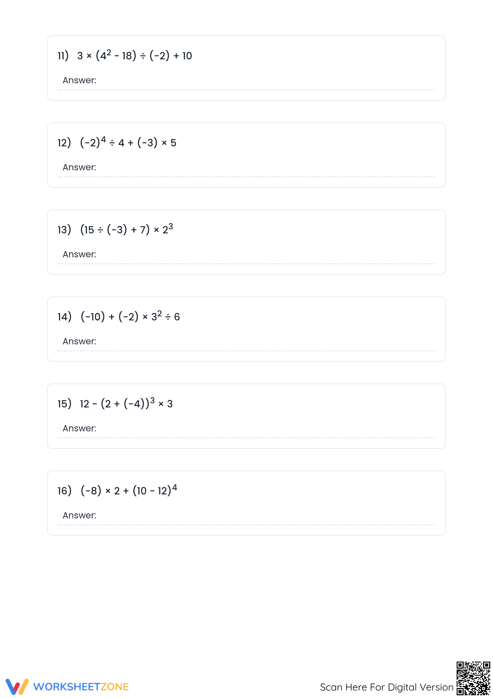 Printable Order of Operations Integer Worksheet | Grades 5-8 - Page 3