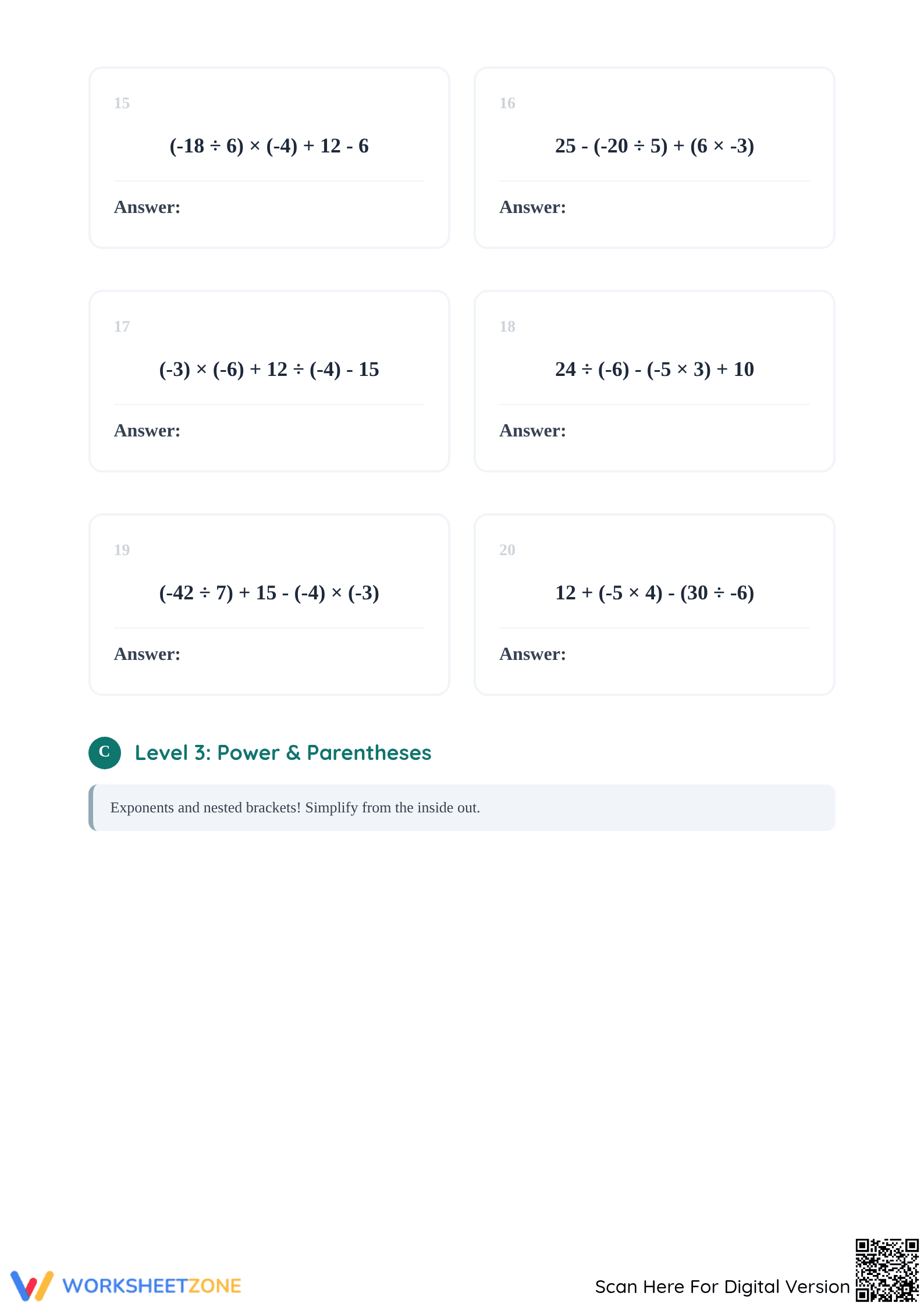 Essential Integer Order of Operations Worksheet | Grade 7 - Page 3