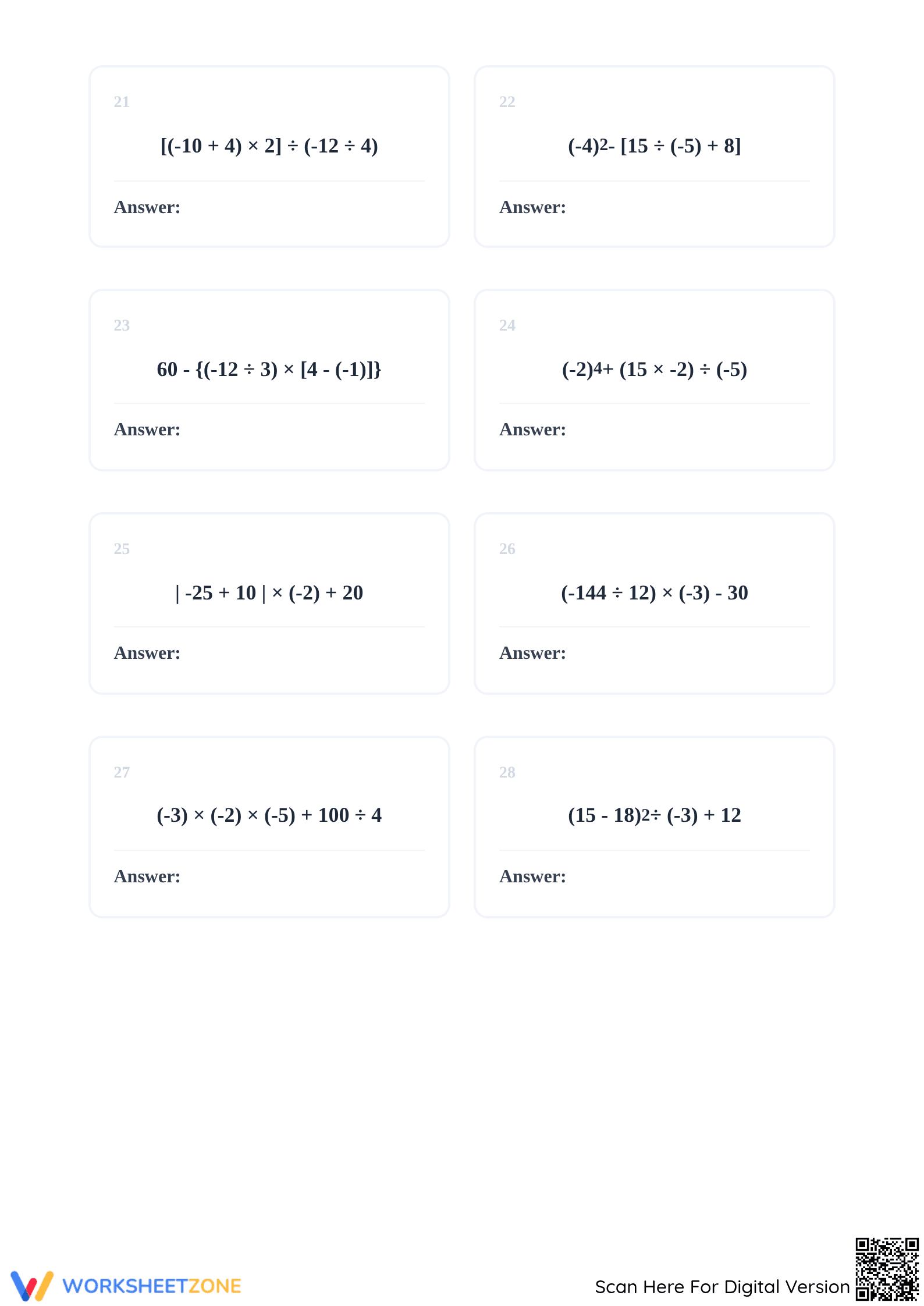Essential Integer Order of Operations Worksheet | Grade 7 - Page 4