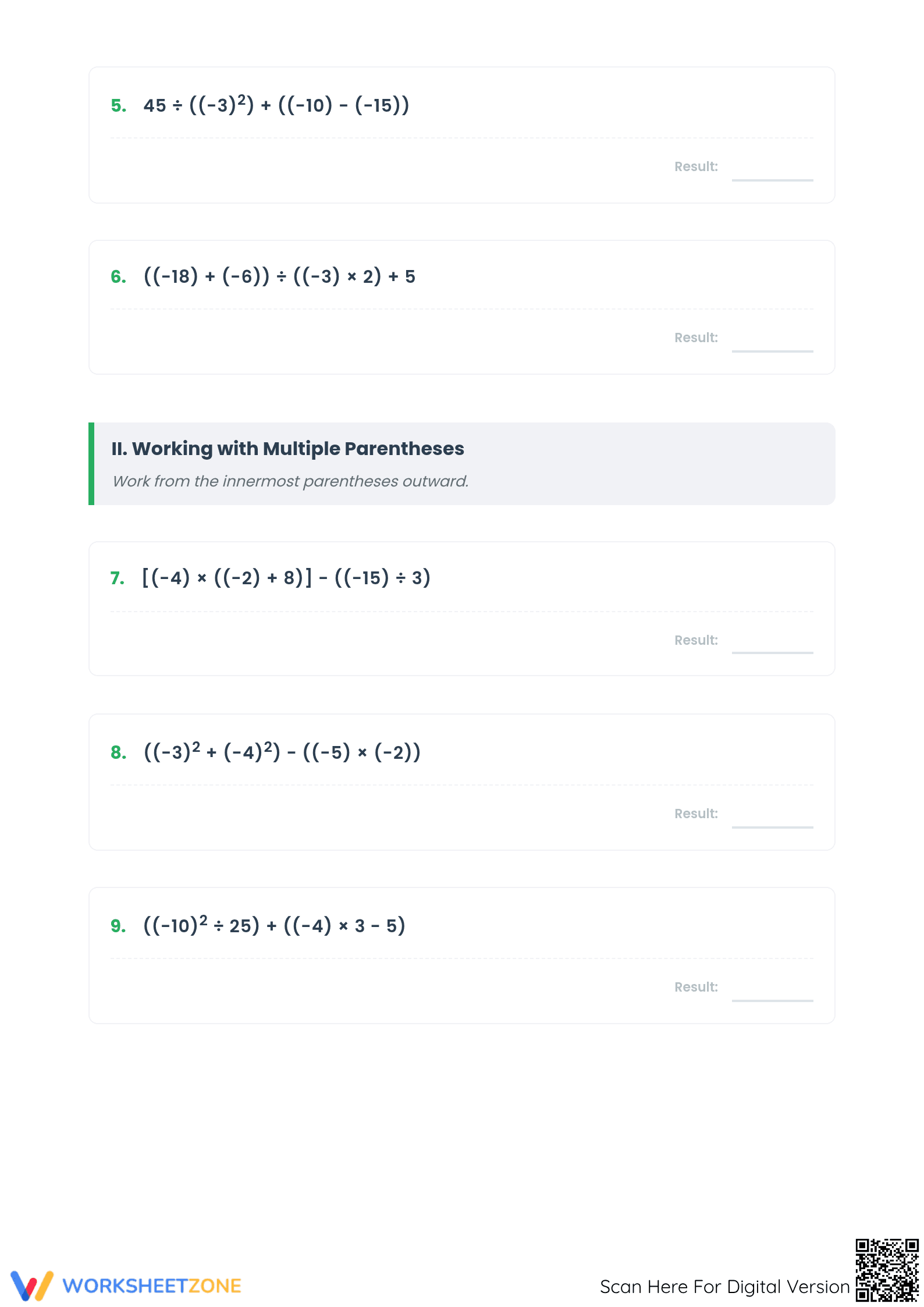 Integer Order of Operations Worksheet | Grade 6 Essential - Page 2