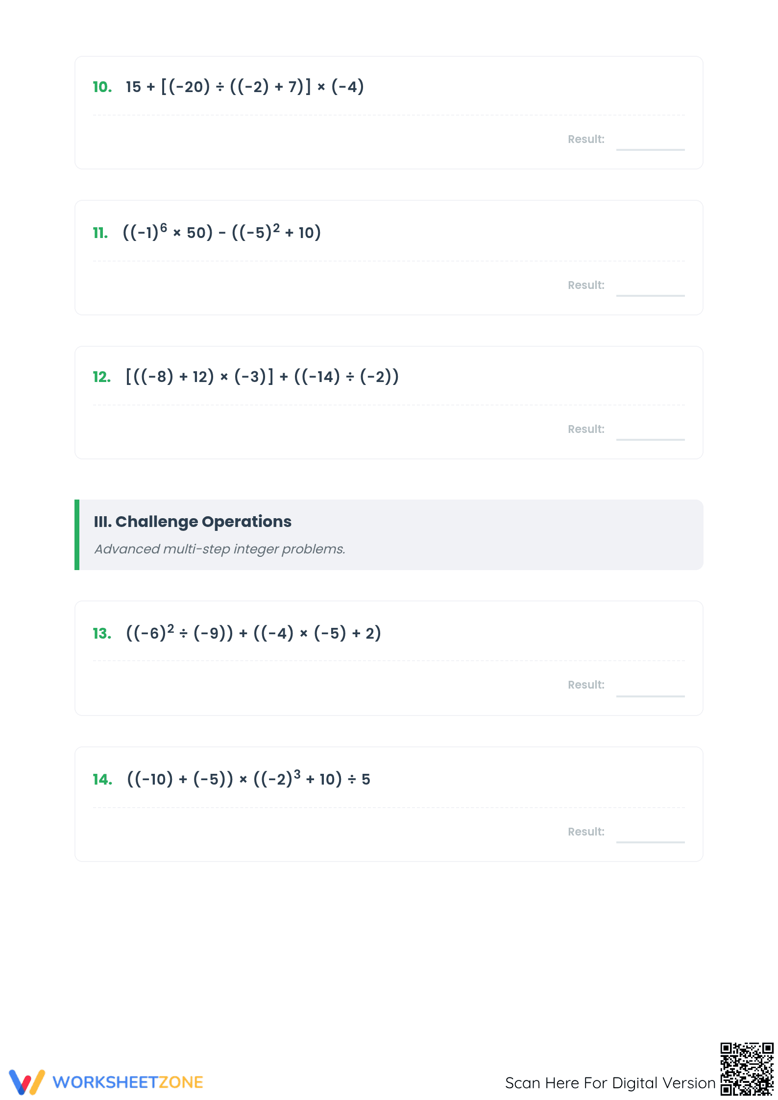Integer Order of Operations Worksheet | Grade 6 Essential - Page 3