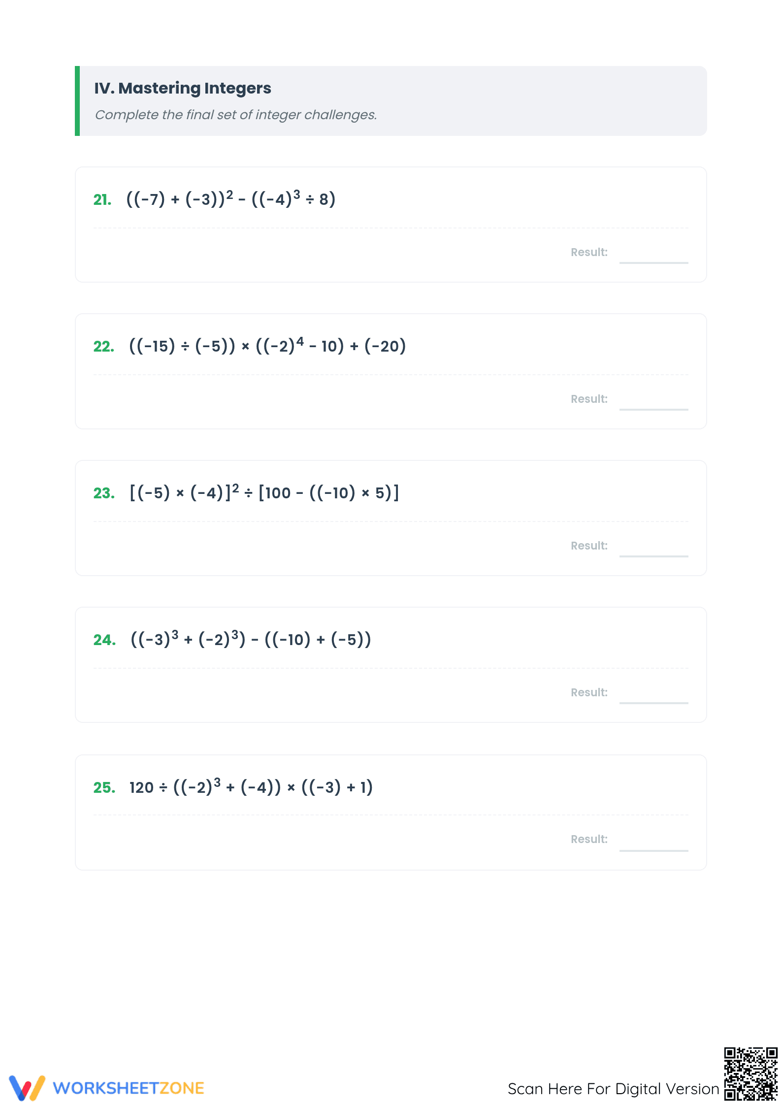 Integer Order of Operations Worksheet | Grade 6 Essential - Page 5