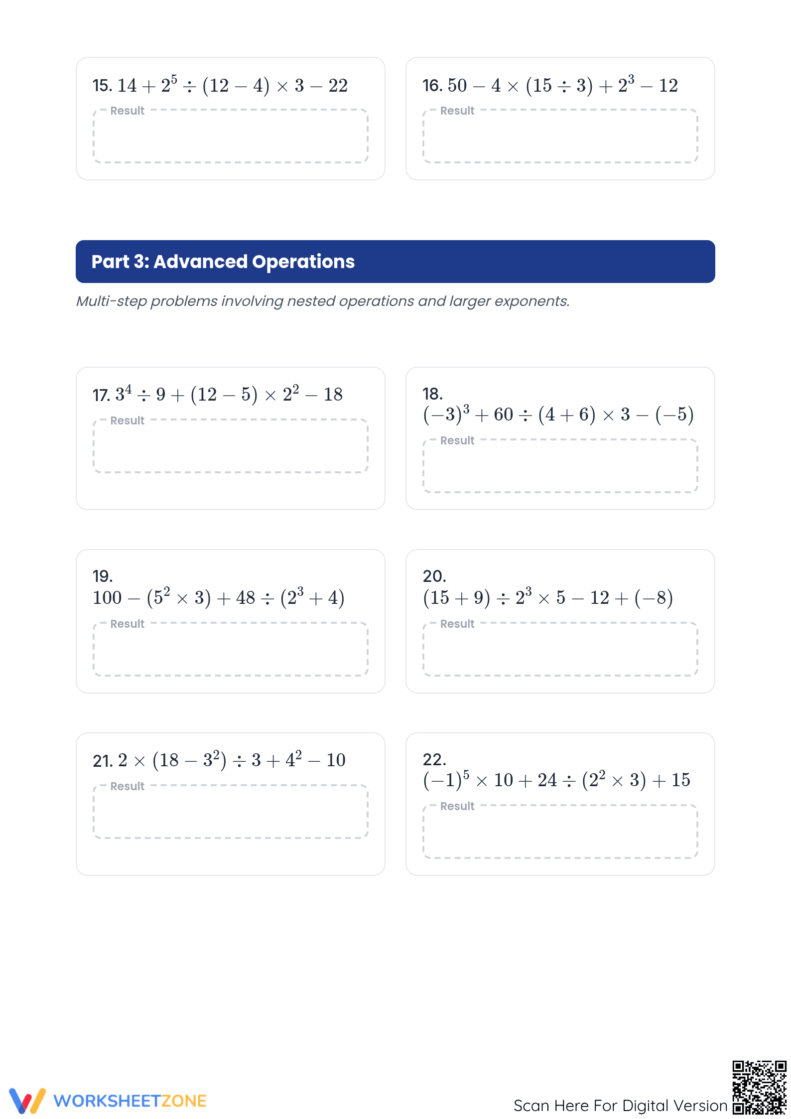 Printable Order of Operations with Integers & Exponents - Page 3