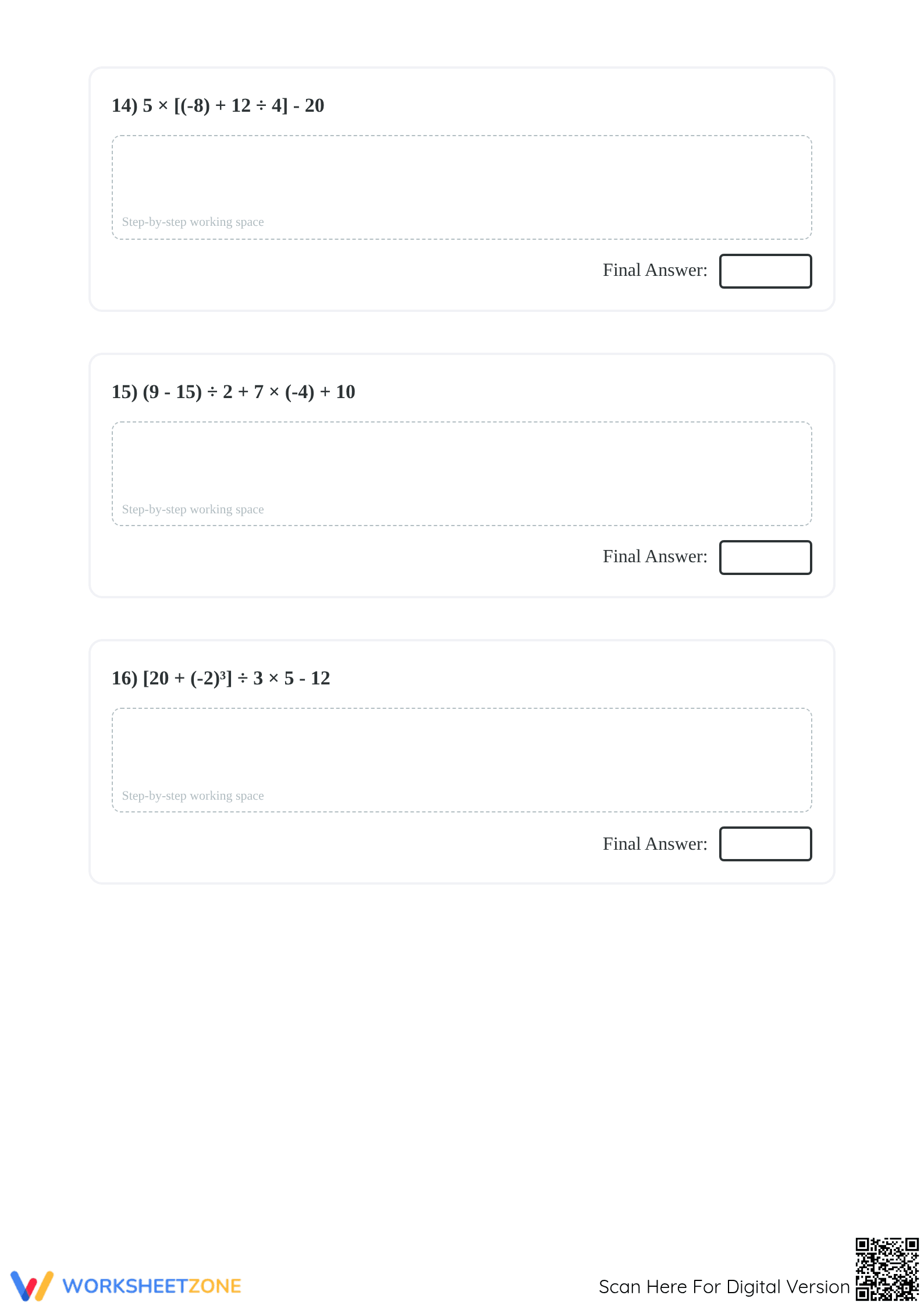 Printable Order of Operations with Integers | Grade 7 Math - Page 5
