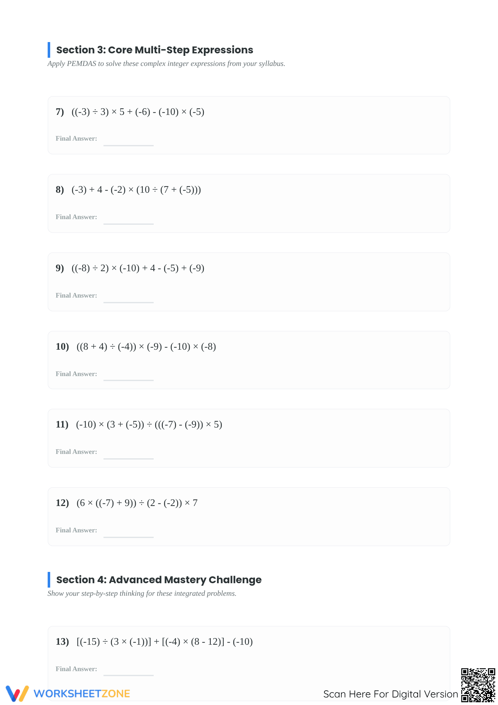 Printable Order of Operations with Integers | Grade 7 - Page 2