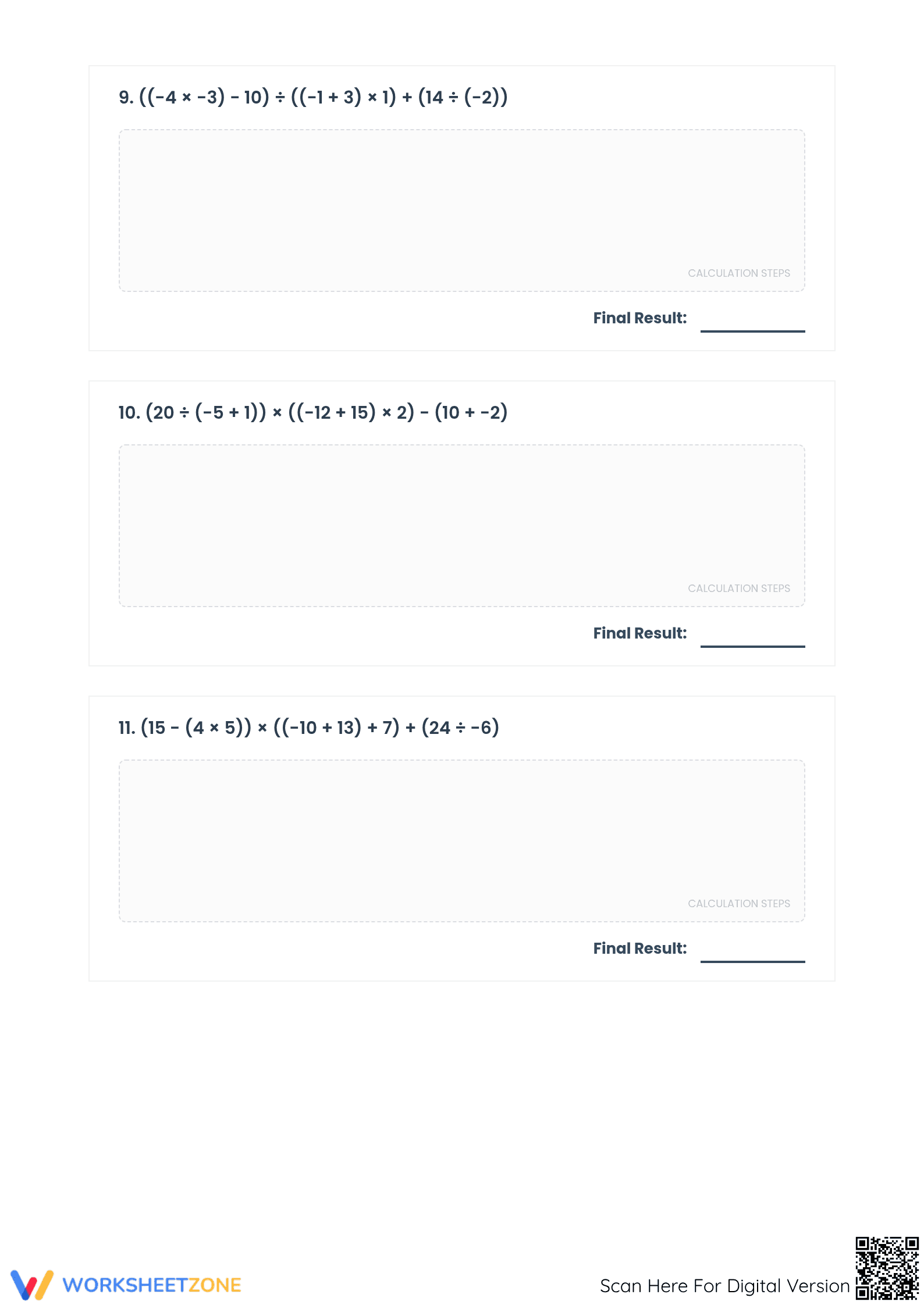 Printable Order of Operations with Integers | 6-Step Grade 6 - Page 4