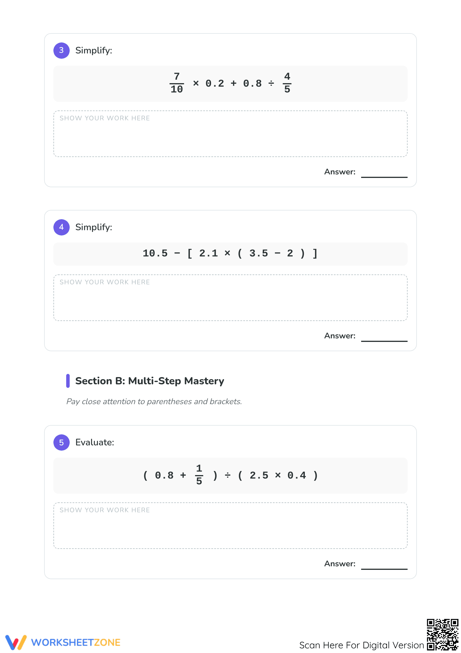 Essential Grade 7 Order of Operations Fractions Worksheet - Page 2