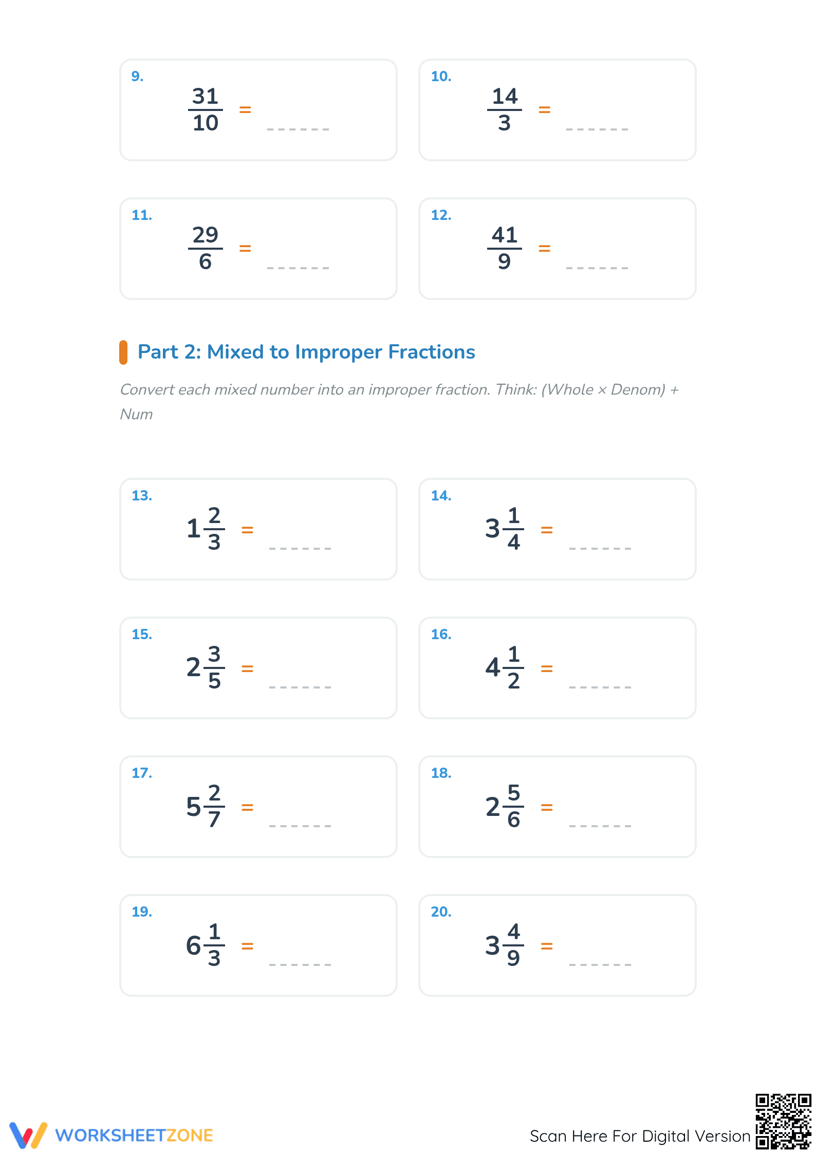 Mixed and Improper Fractions Printable Worksheet | Grade 3 - Page 2