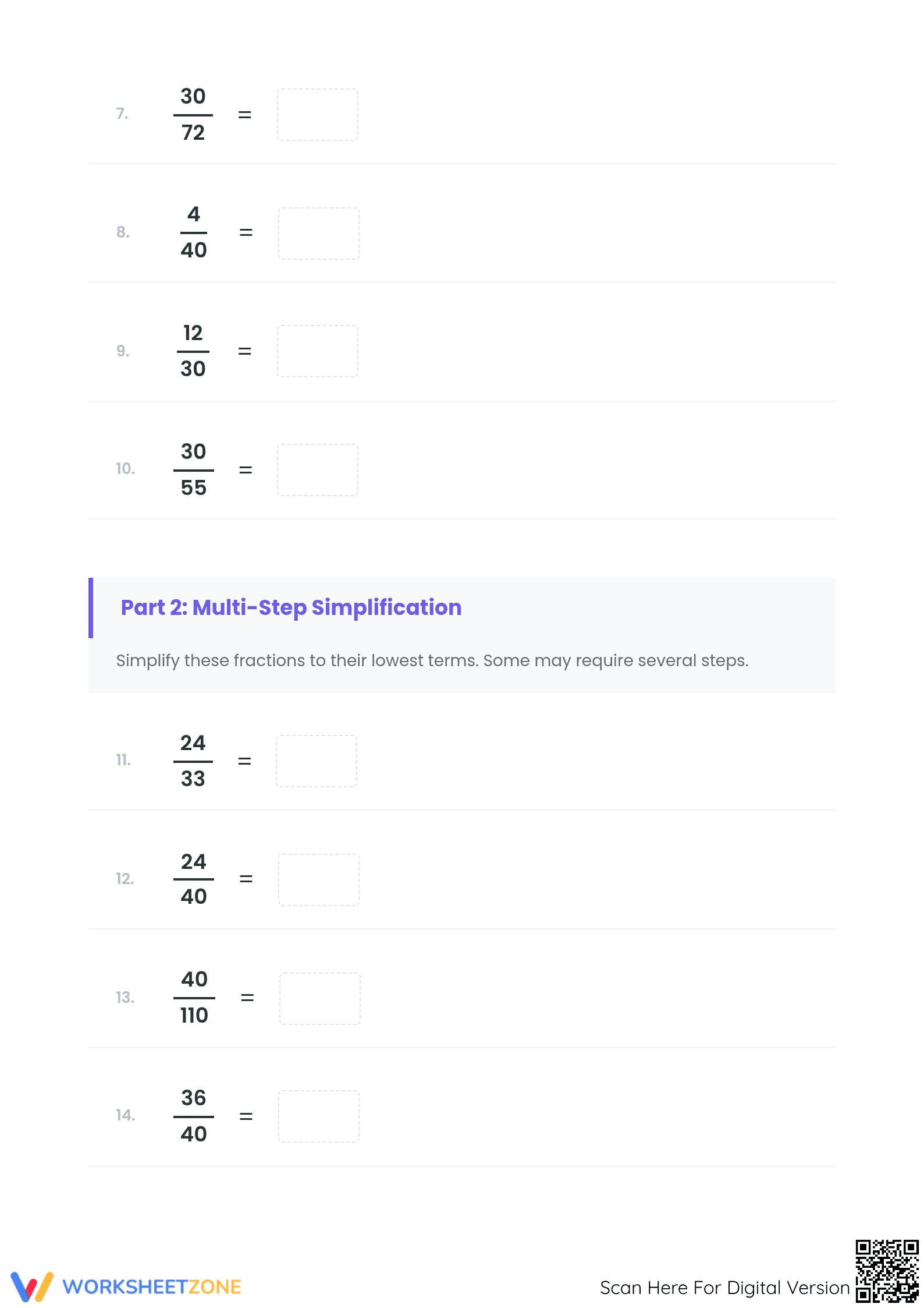Printable Simplifying Fractions Worksheet | Grade 4-6 - Page 2