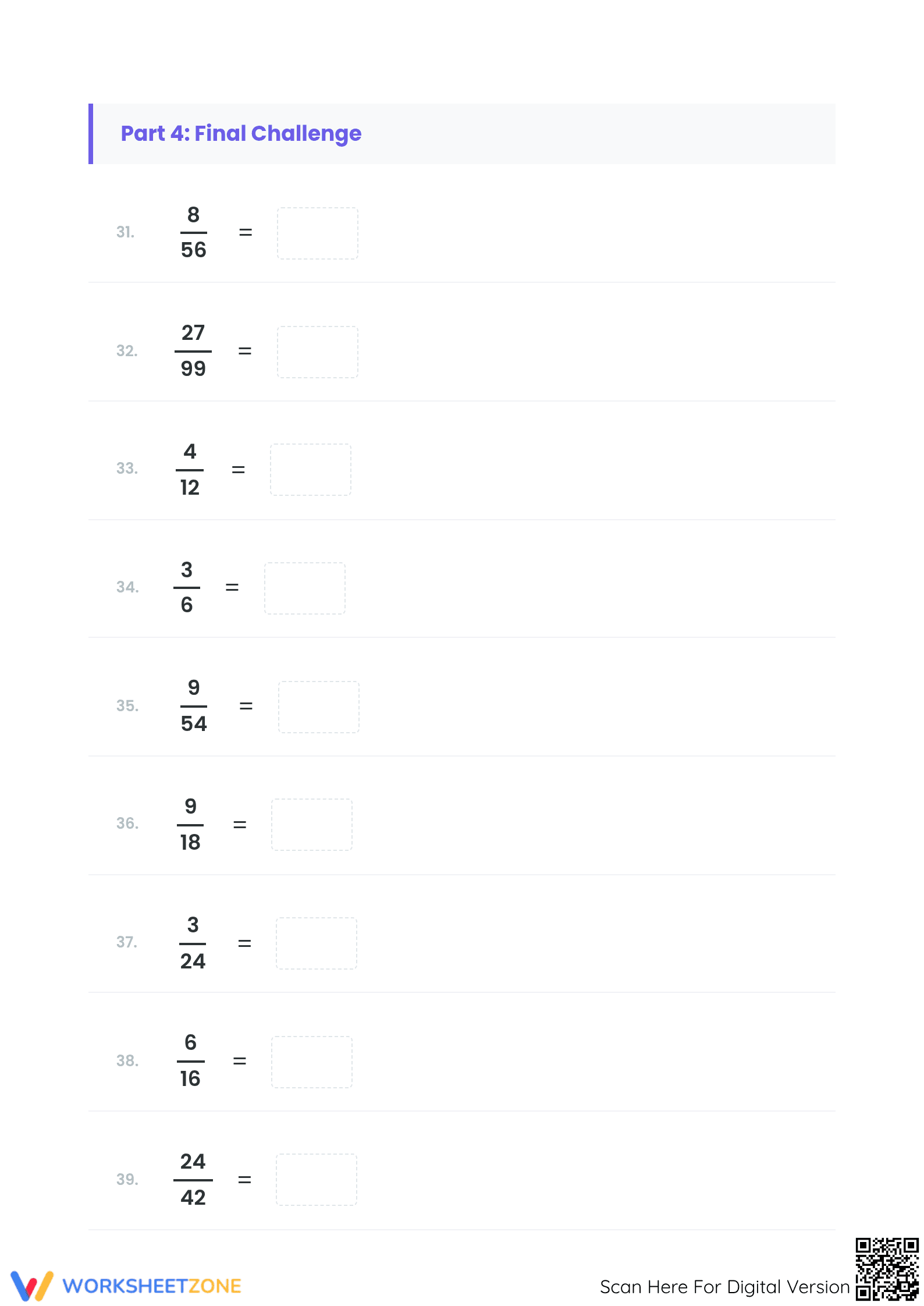 Printable Simplifying Fractions Worksheet | Grade 4-6 - Page 5