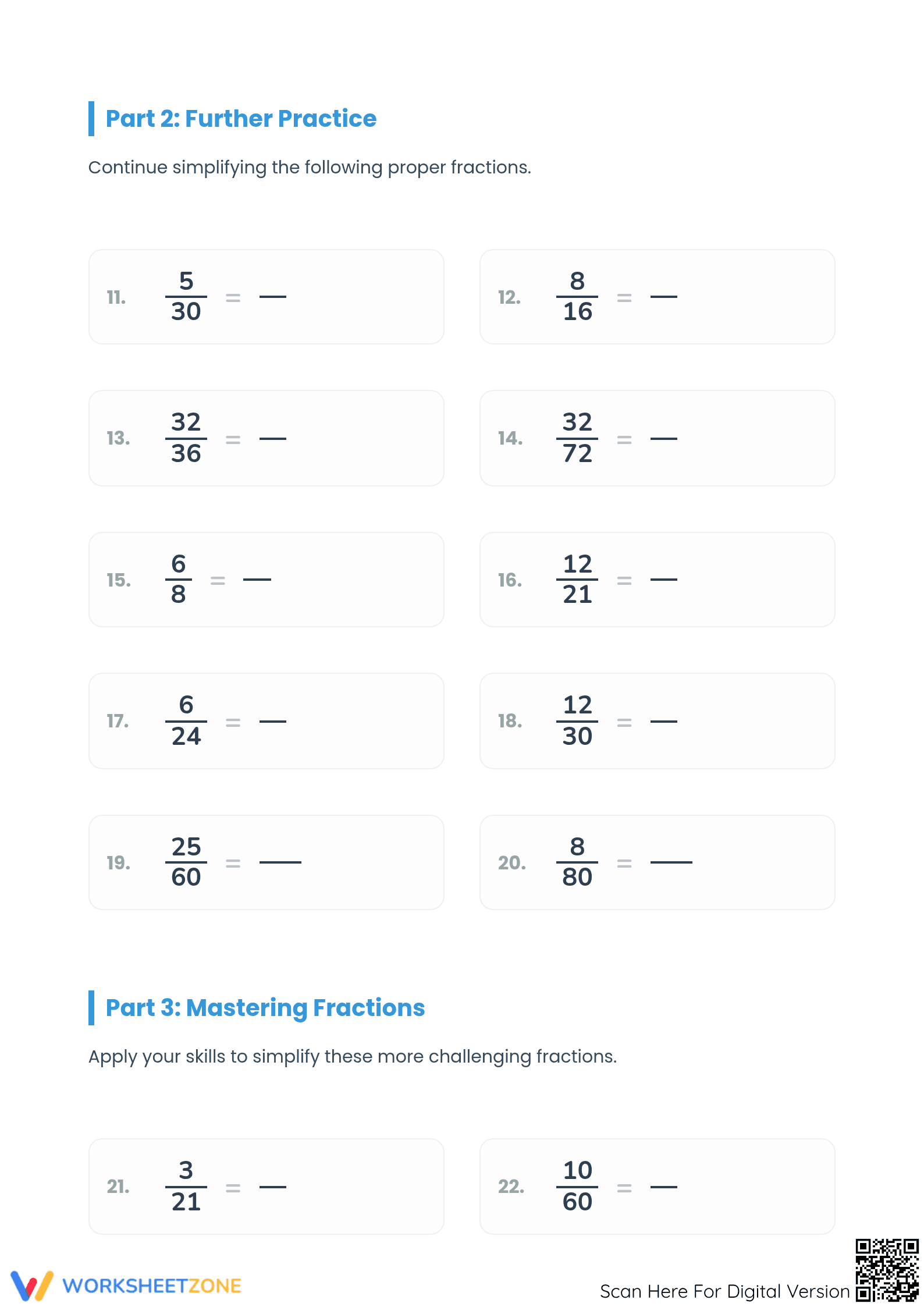 Printable Simplifying Proper Fractions Worksheet | Grade 5-6 - Page 2