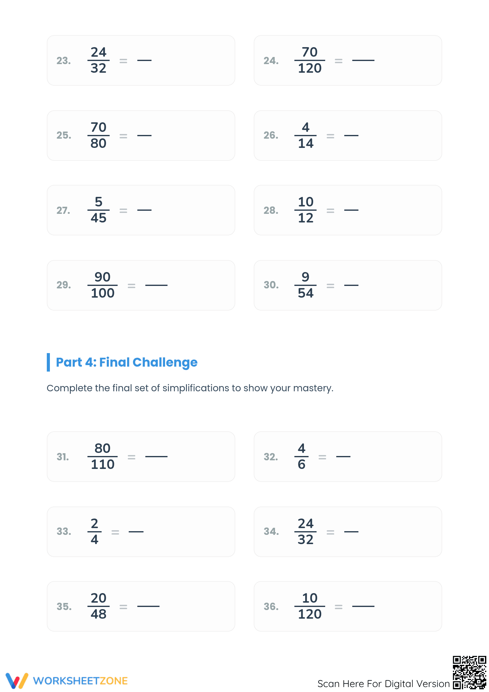 Printable Simplifying Proper Fractions Worksheet | Grade 5-6 - Page 3