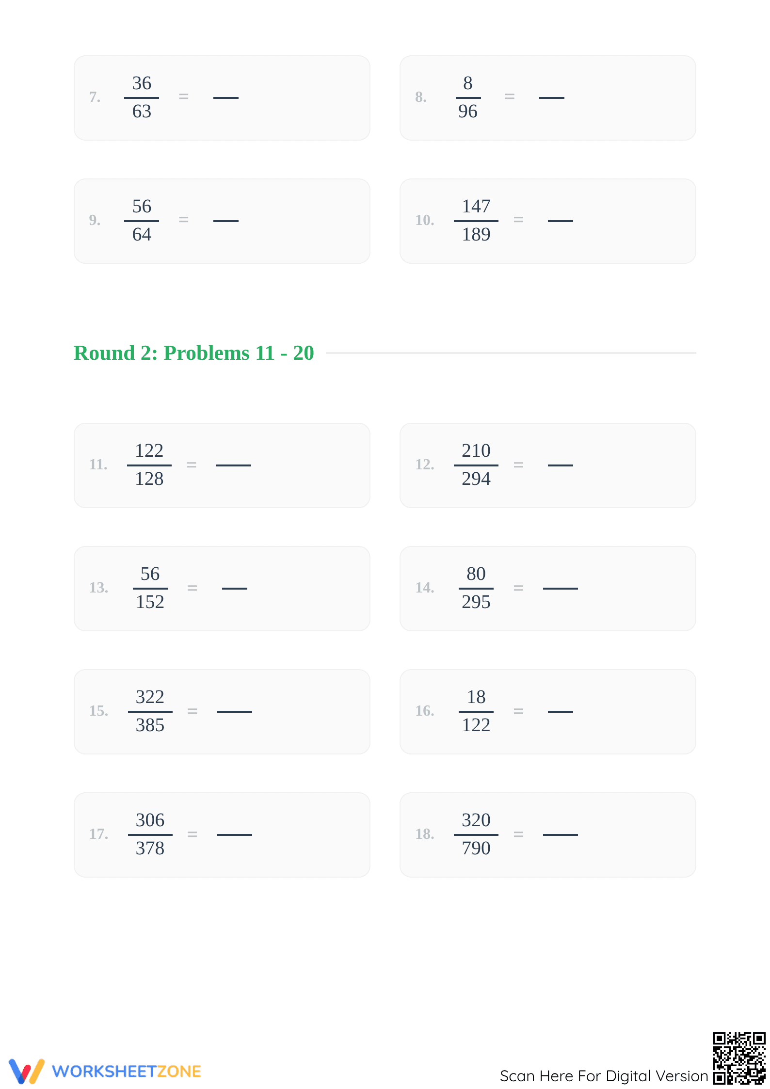 Printable Simplifying Fractions Hard Worksheet | Grade 4-6 - Page 2