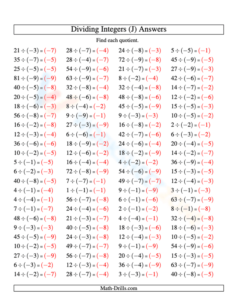 Dividing Integers: Practice and Improve - Page 2
