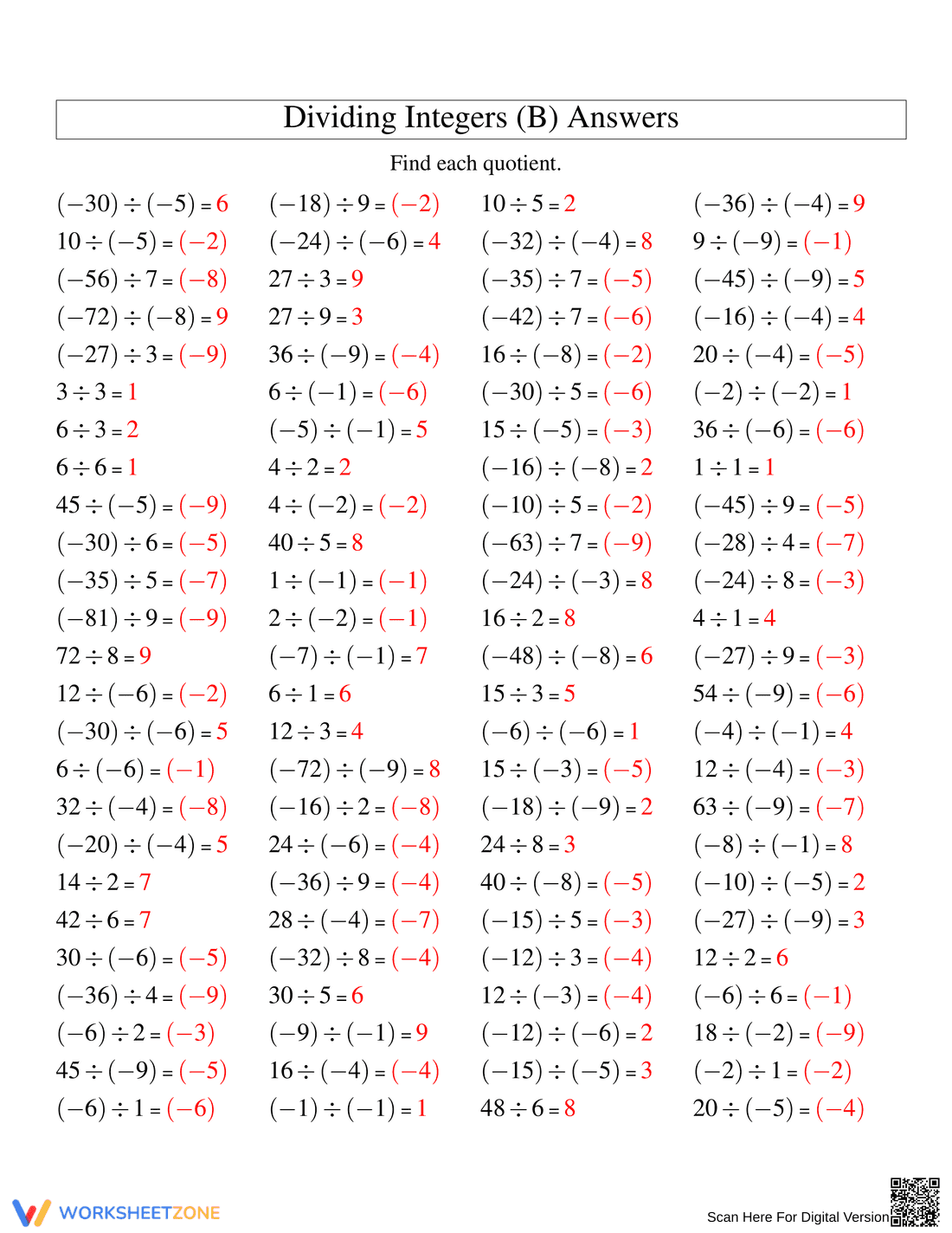 Essential Worksheet for Dividing Integers - Page 2