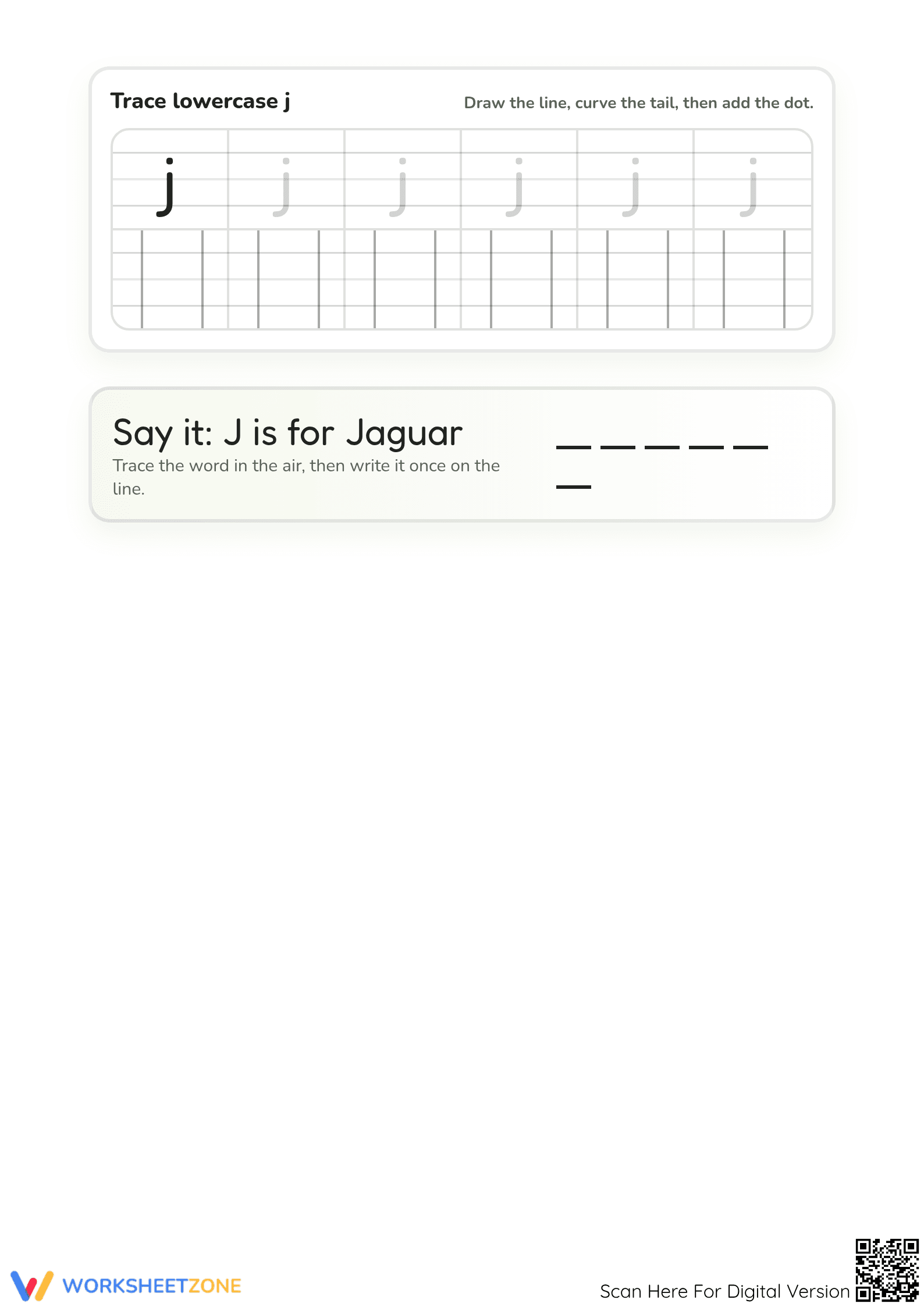 Printable Learn to Write Letter J Worksheet | Grade K-1 - Page 2