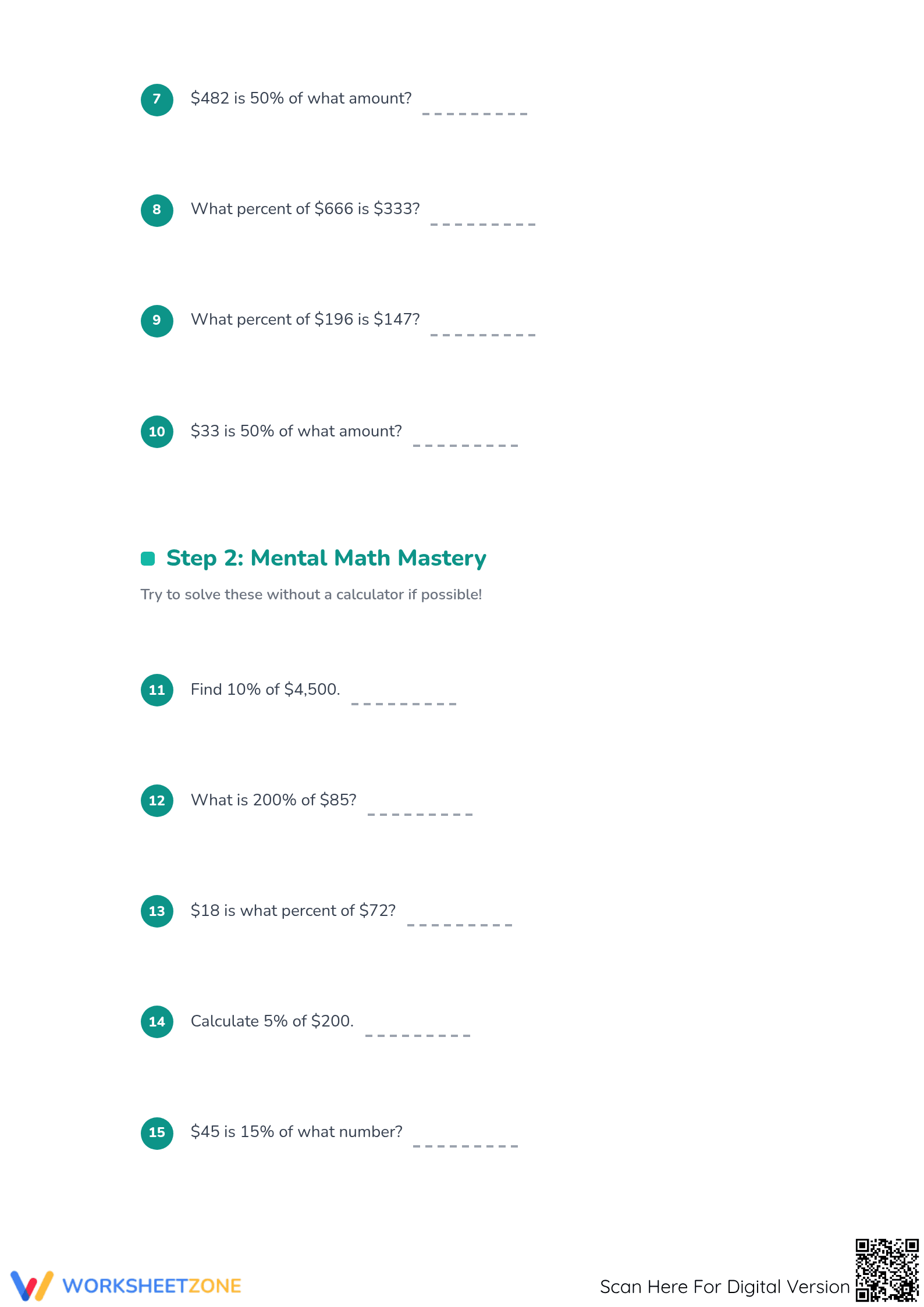 Essential Mixed Percent Calculations Worksheet (Grades 6-8) - Page 2