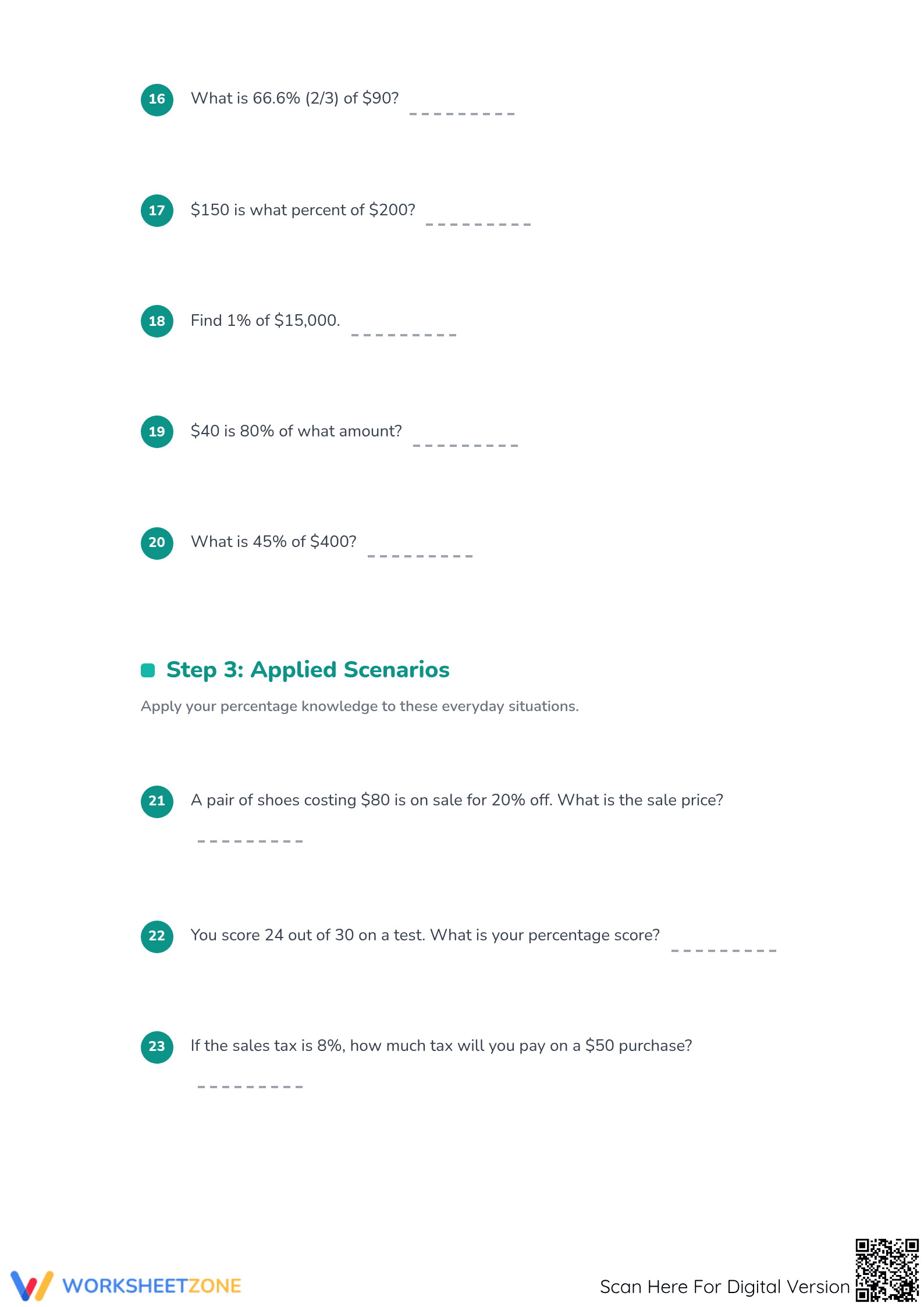 Essential Mixed Percent Calculations Worksheet (Grades 6-8) - Page 3
