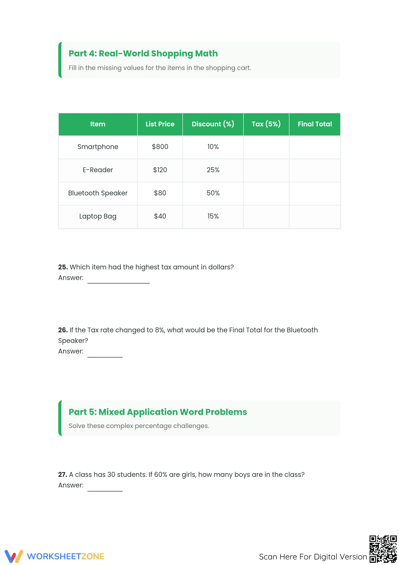 Printable Mixed Percent Calculations Worksheet | Grades 5-8 - Page 4