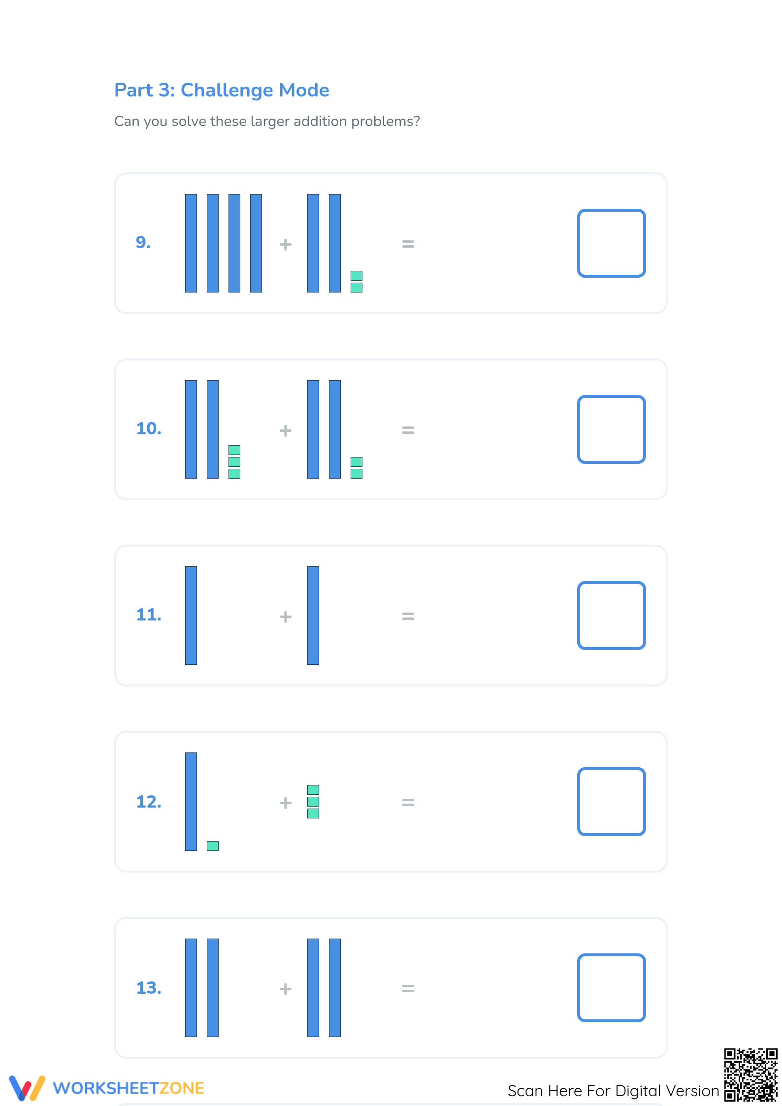 Grade 1-2 Addition with Base 10 Blocks — Printable Worksheet - Page 3