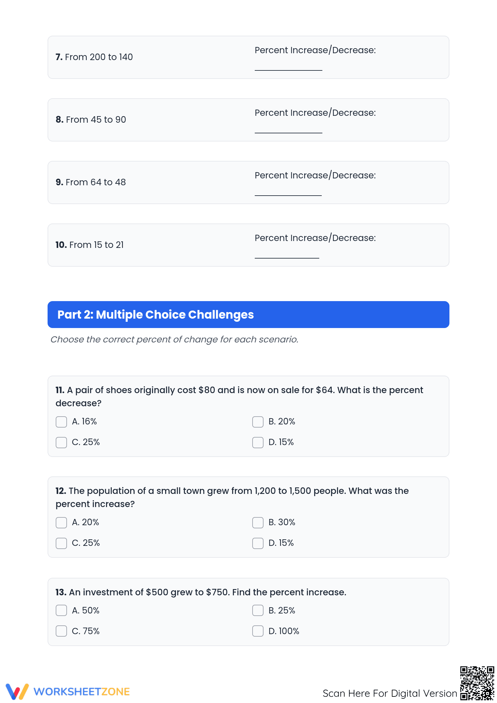 Printable Percent Increase and Decrease Worksheet for Grade 7 Math - Page 2