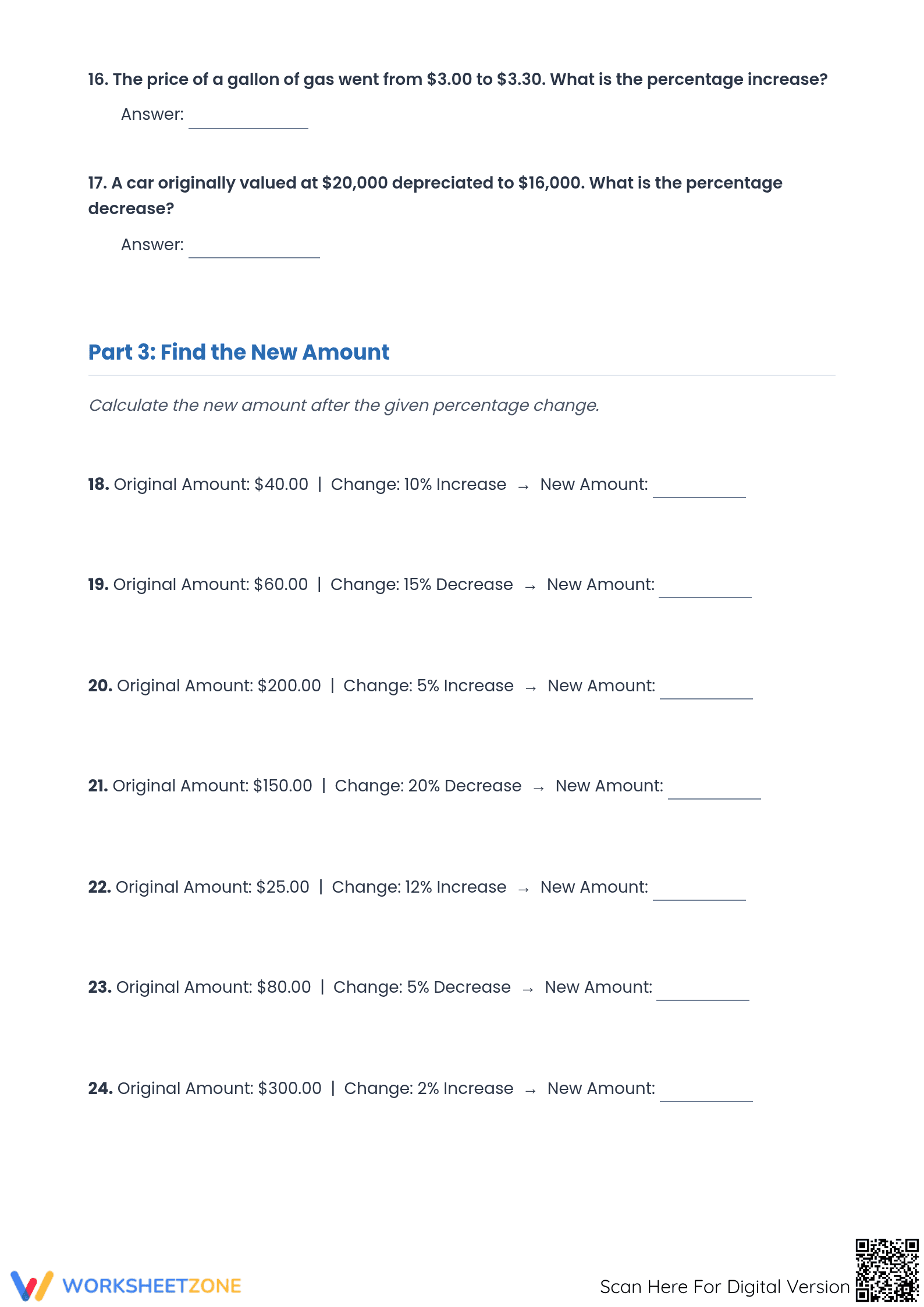 Essential Percent Increase & Decrease Worksheet | Grades 6-8 - Page 3