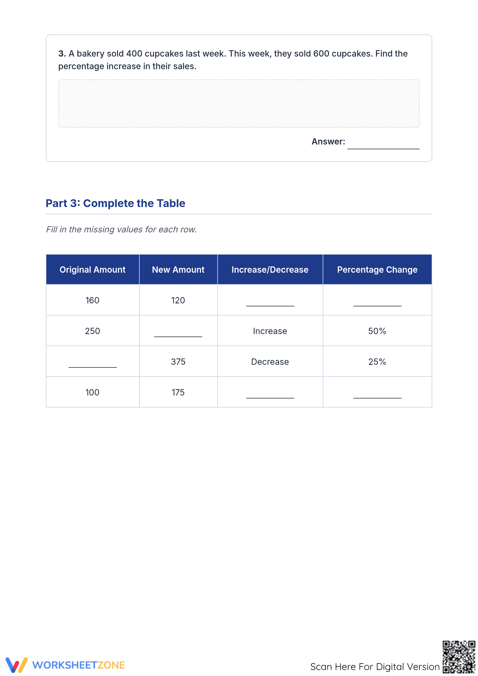Printable Percentage Increase and Decrease Math Worksheet - Page 3