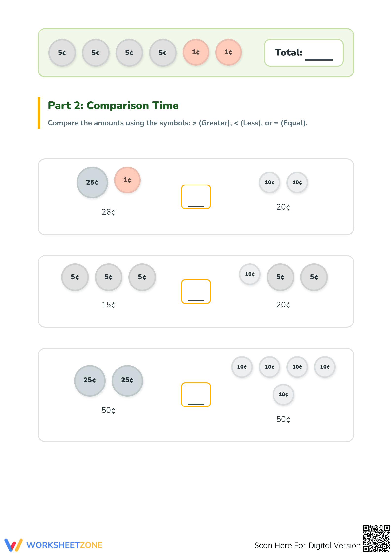 Printable Counting and Comparing Coins for Grade 2 Math - Page 2