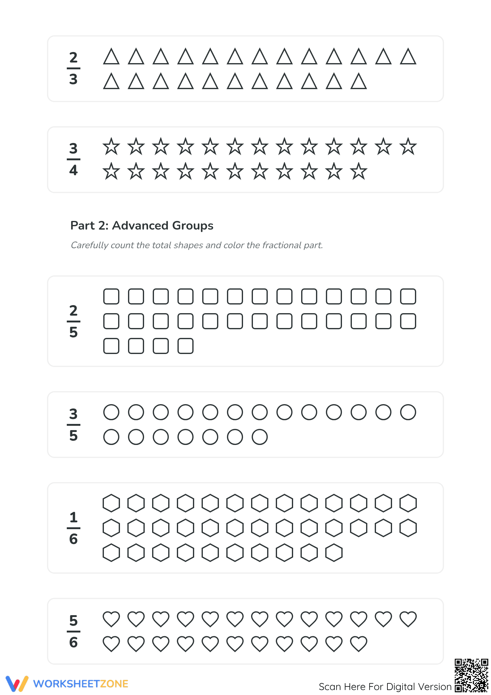 Essential Modeling Fractions with Groups of Shapes Worksheet - Page 2